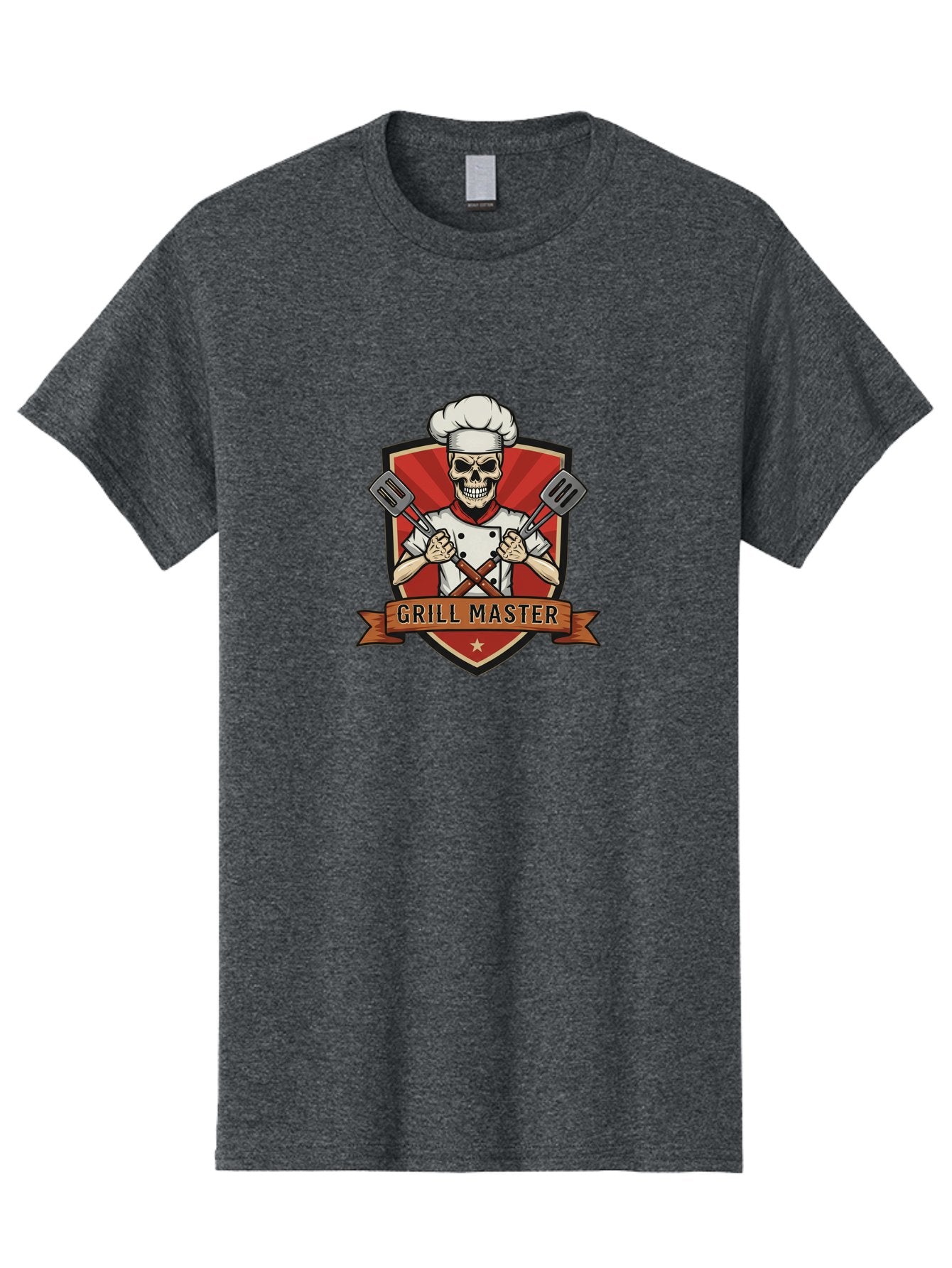 Grill-Master-1 Men'S Graphic Tee, 100% Cotton, Comfortable Casual Summer Wear, Machine Washable, Skull Chef, Grill Master Logo, Chef Hat, Crossed Spatulas, Red Shield, Cooking Theme, Kitchen Design, Chef Uniform, Skeleton Chef Bac010 7