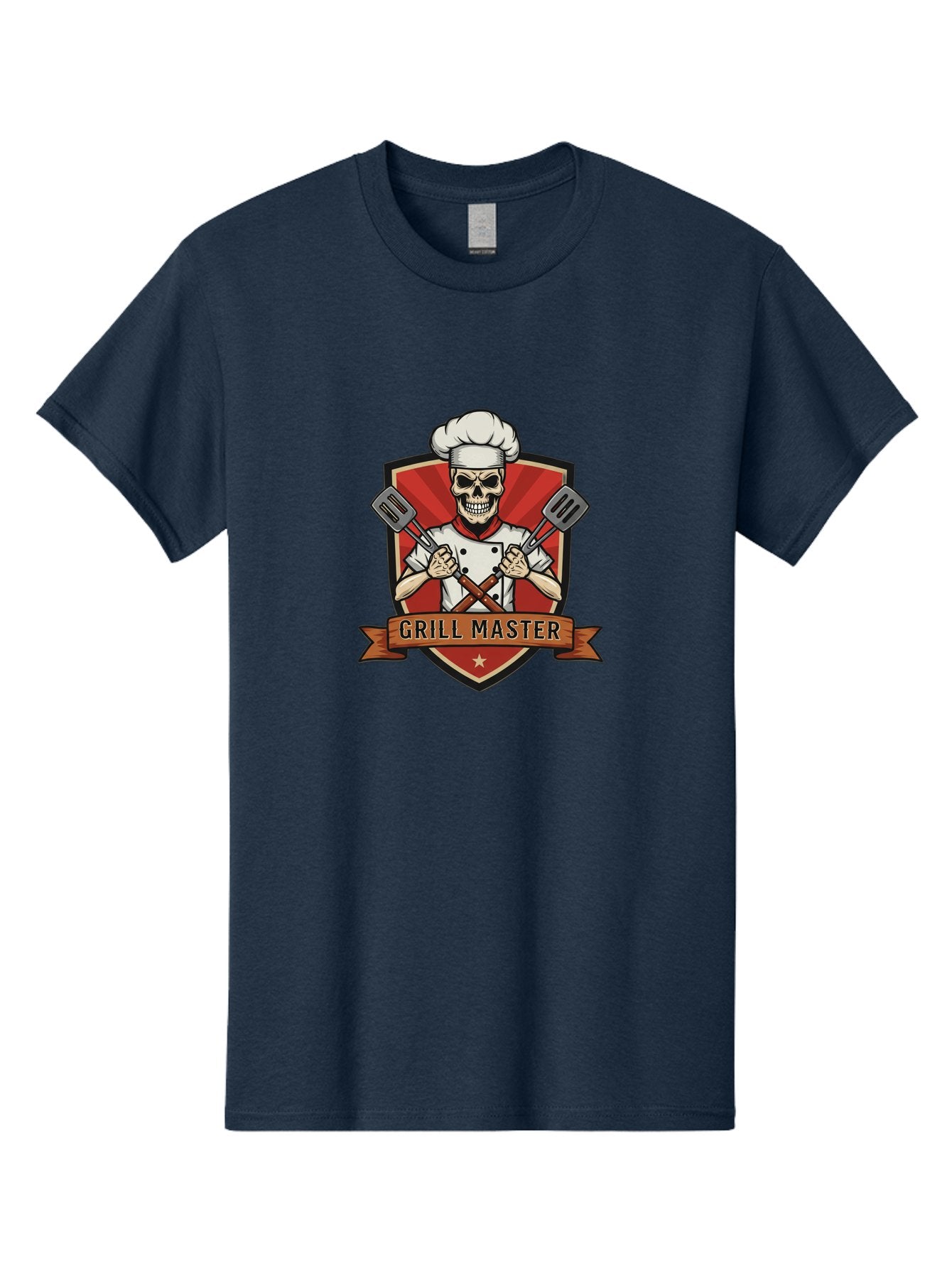 Grill-Master-1 Men'S Graphic Tee, 100% Cotton, Comfortable Casual Summer Wear, Machine Washable, Skull Chef, Grill Master Logo, Chef Hat, Crossed Spatulas, Red Shield, Cooking Theme, Kitchen Design, Chef Uniform, Skeleton Chef Bac010 6
