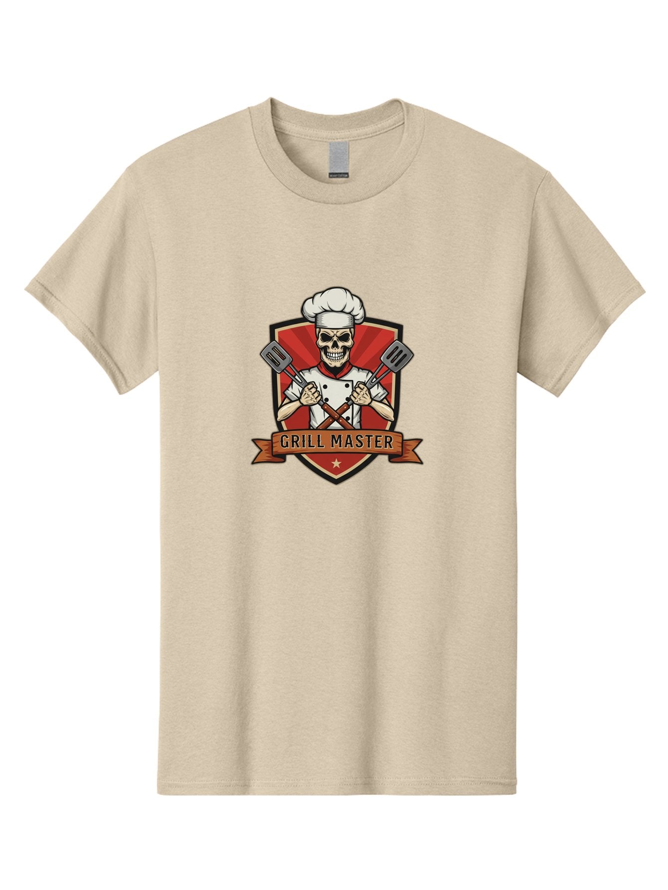 Grill-Master-1 Men'S Graphic Tee, 100% Cotton, Comfortable Casual Summer Wear, Machine Washable, Skull Chef, Grill Master Logo, Chef Hat, Crossed Spatulas, Red Shield, Cooking Theme, Kitchen Design, Chef Uniform, Skeleton Chef Bac010 12