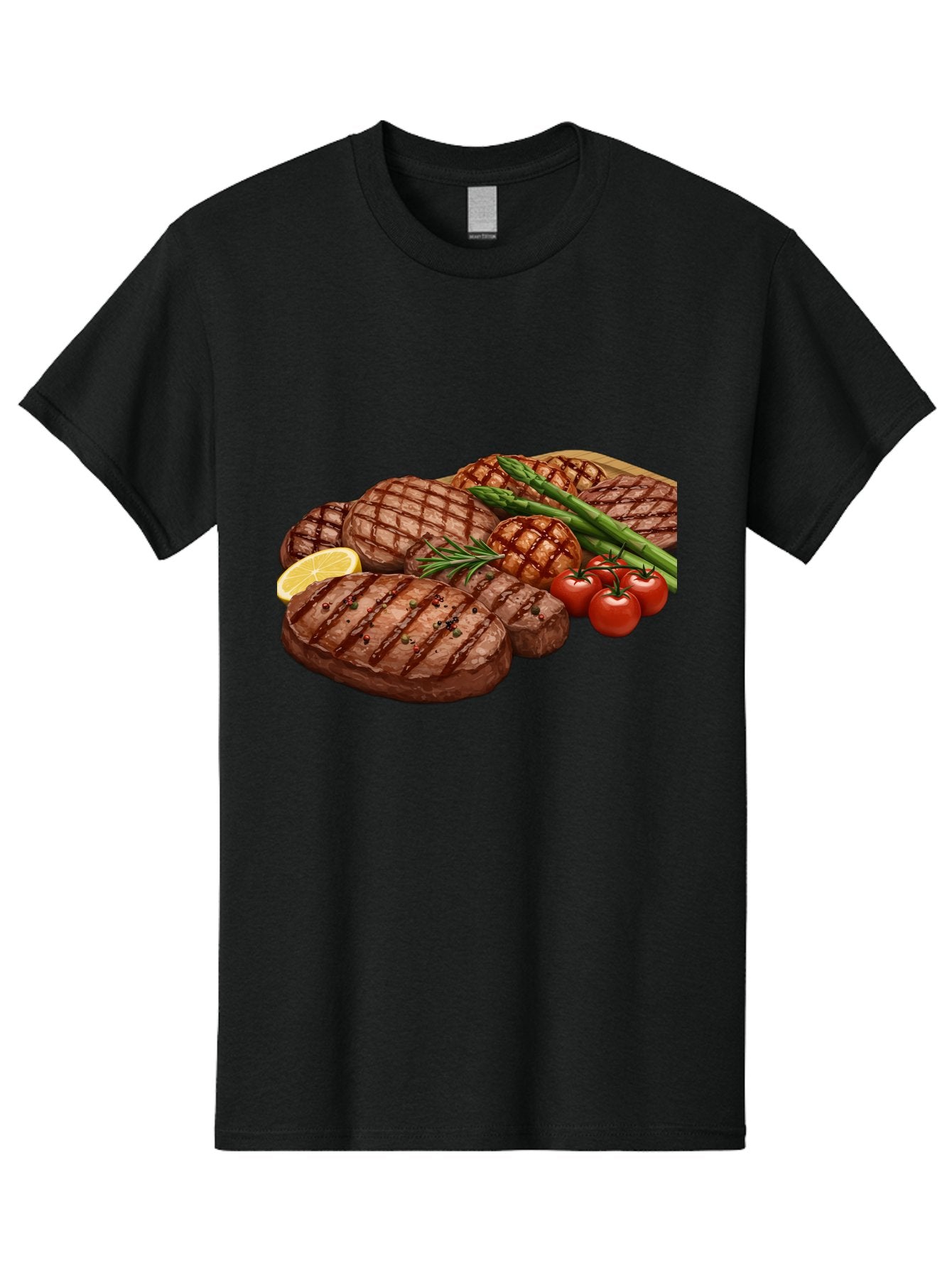 Grilled-Steak-Dinner Men'S Graphic Tee, 100% Cotton, Comfortable Casual Summer Wear, Machine Washable, Grilled Steaks, Steak Dinner, Barbecue, Grilled Vegetables, Asparagus, Tomatoes, Rosemary, Lemon, Savory Flavors, Gourmet Cuisine, Bac016 7