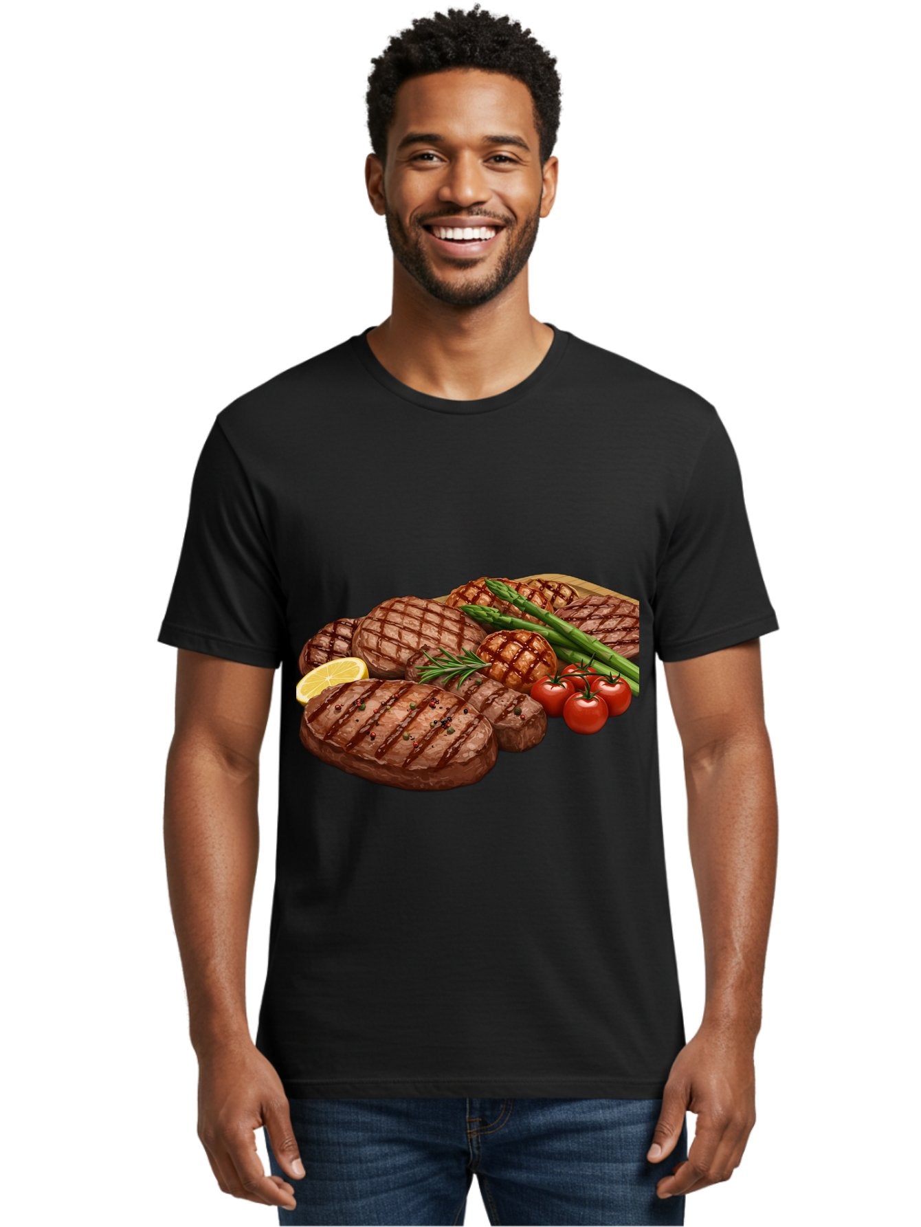 Grilled-Steak-Dinner Men'S Graphic Tee, 100% Cotton, Comfortable Casual Summer Wear, Machine Washable, Grilled Steaks, Steak Dinner, Barbecue, Grilled Vegetables, Asparagus, Tomatoes, Rosemary, Lemon, Savory Flavors, Gourmet Cuisine, Bac016 16