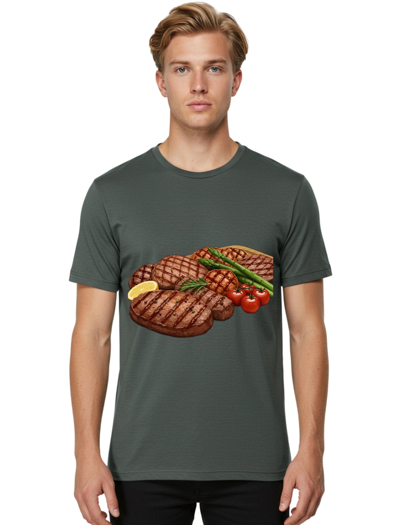 Grilled-Steak-Dinner Men'S Graphic Tee, 100% Cotton, Comfortable Casual Summer Wear, Machine Washable, Grilled Steaks, Steak Dinner, Barbecue, Grilled Vegetables, Asparagus, Tomatoes, Rosemary, Lemon, Savory Flavors, Gourmet Cuisine, Bac016 19