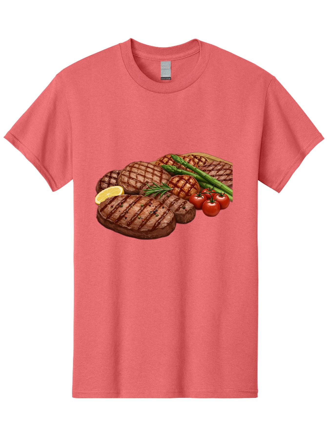 Grilled-Steak-Dinner Men'S Graphic Tee, 100% Cotton, Comfortable Casual Summer Wear, Machine Washable, Grilled Steaks, Steak Dinner, Barbecue, Grilled Vegetables, Asparagus, Tomatoes, Rosemary, Lemon, Savory Flavors, Gourmet Cuisine, Bac016