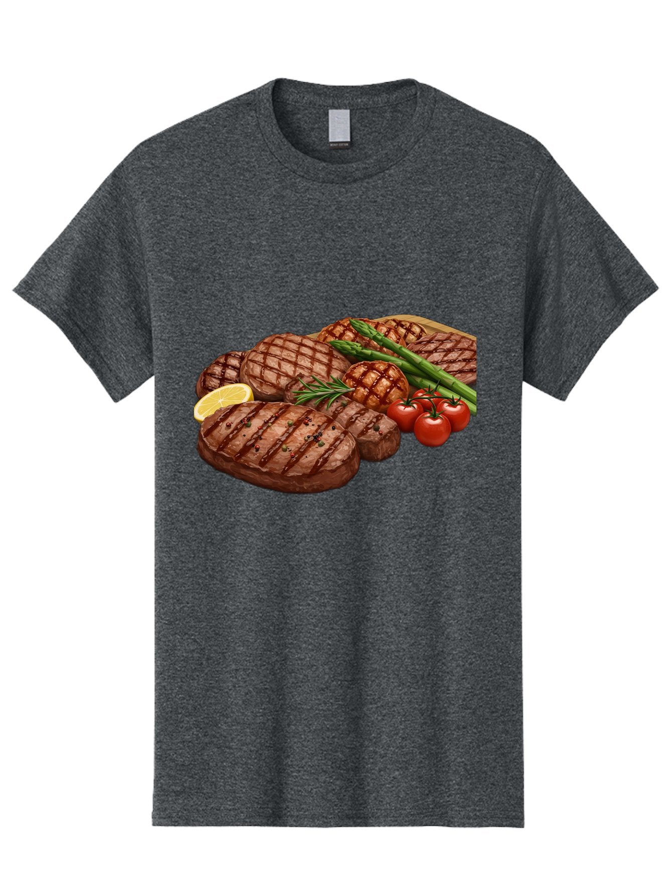 Grilled-Steak-Dinner Men'S Graphic Tee, 100% Cotton, Comfortable Casual Summer Wear, Machine Washable, Grilled Steaks, Steak Dinner, Barbecue, Grilled Vegetables, Asparagus, Tomatoes, Rosemary, Lemon, Savory Flavors, Gourmet Cuisine, Bac016 11