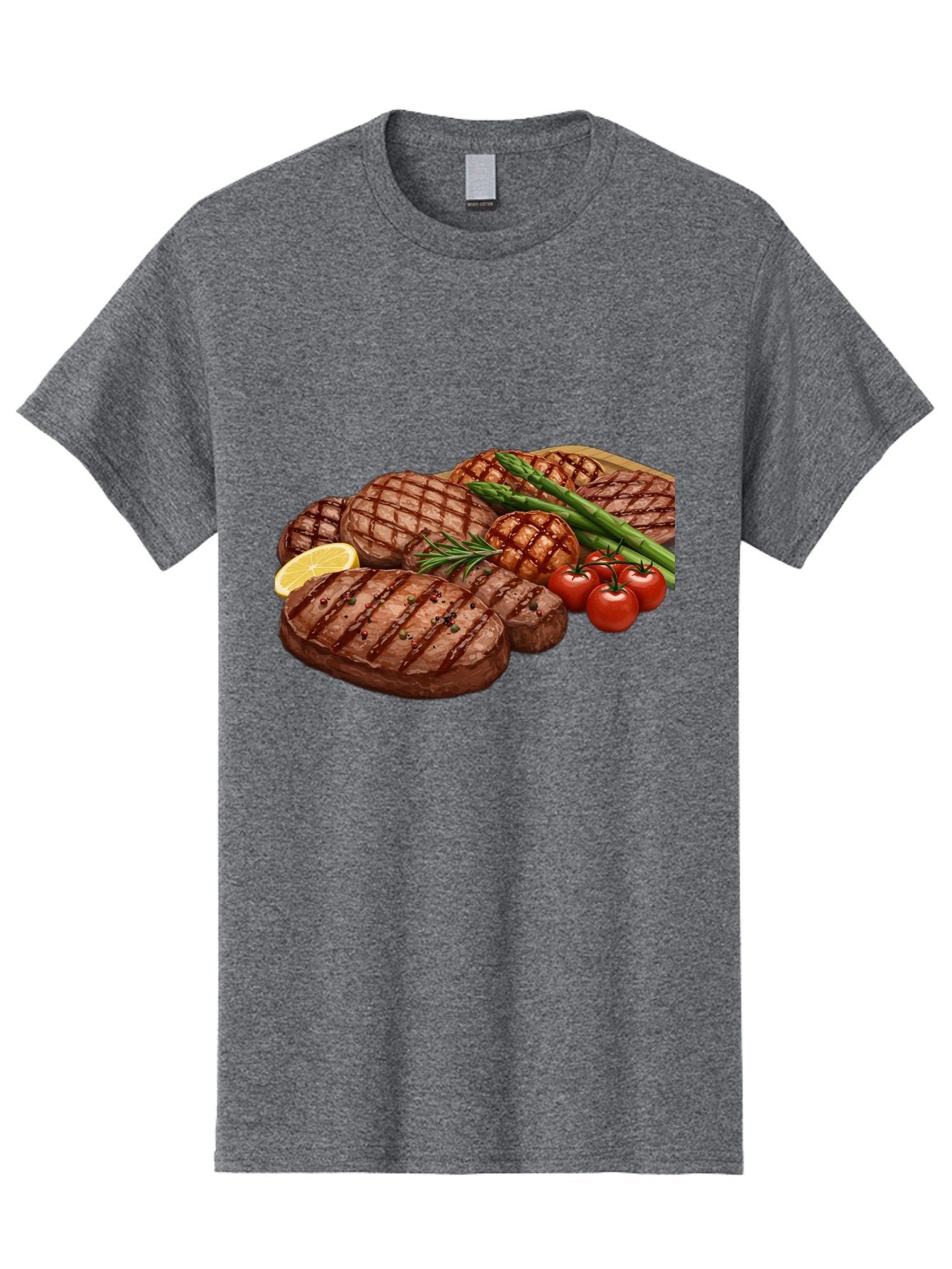 Grilled-Steak-Dinner Men'S Graphic Tee, 100% Cotton, Comfortable Casual Summer Wear, Machine Washable, Grilled Steaks, Steak Dinner, Barbecue, Grilled Vegetables, Asparagus, Tomatoes, Rosemary, Lemon, Savory Flavors, Gourmet Cuisine, Bac016 13