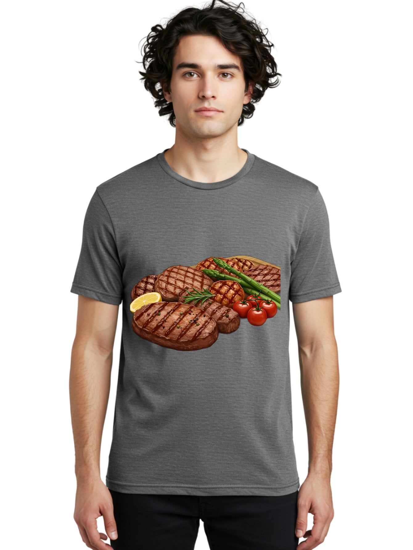 Grilled-Steak-Dinner Men'S Graphic Tee, 100% Cotton, Comfortable Casual Summer Wear, Machine Washable, Grilled Steaks, Steak Dinner, Barbecue, Grilled Vegetables, Asparagus, Tomatoes, Rosemary, Lemon, Savory Flavors, Gourmet Cuisine, Bac016 20