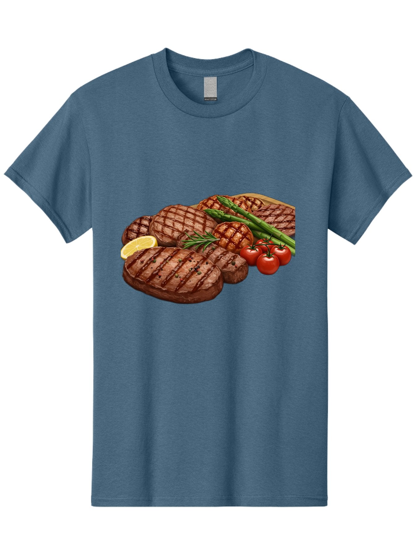 Grilled-Steak-Dinner Men'S Graphic Tee, 100% Cotton, Comfortable Casual Summer Wear, Machine Washable, Grilled Steaks, Steak Dinner, Barbecue, Grilled Vegetables, Asparagus, Tomatoes, Rosemary, Lemon, Savory Flavors, Gourmet Cuisine, Bac016 10