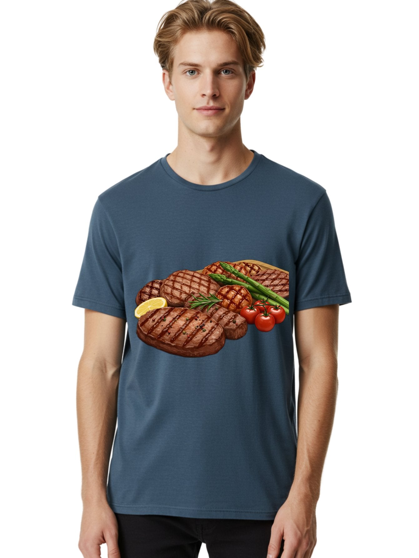Grilled-Steak-Dinner Men'S Graphic Tee, 100% Cotton, Comfortable Casual Summer Wear, Machine Washable, Grilled Steaks, Steak Dinner, Barbecue, Grilled Vegetables, Asparagus, Tomatoes, Rosemary, Lemon, Savory Flavors, Gourmet Cuisine, Bac016 17