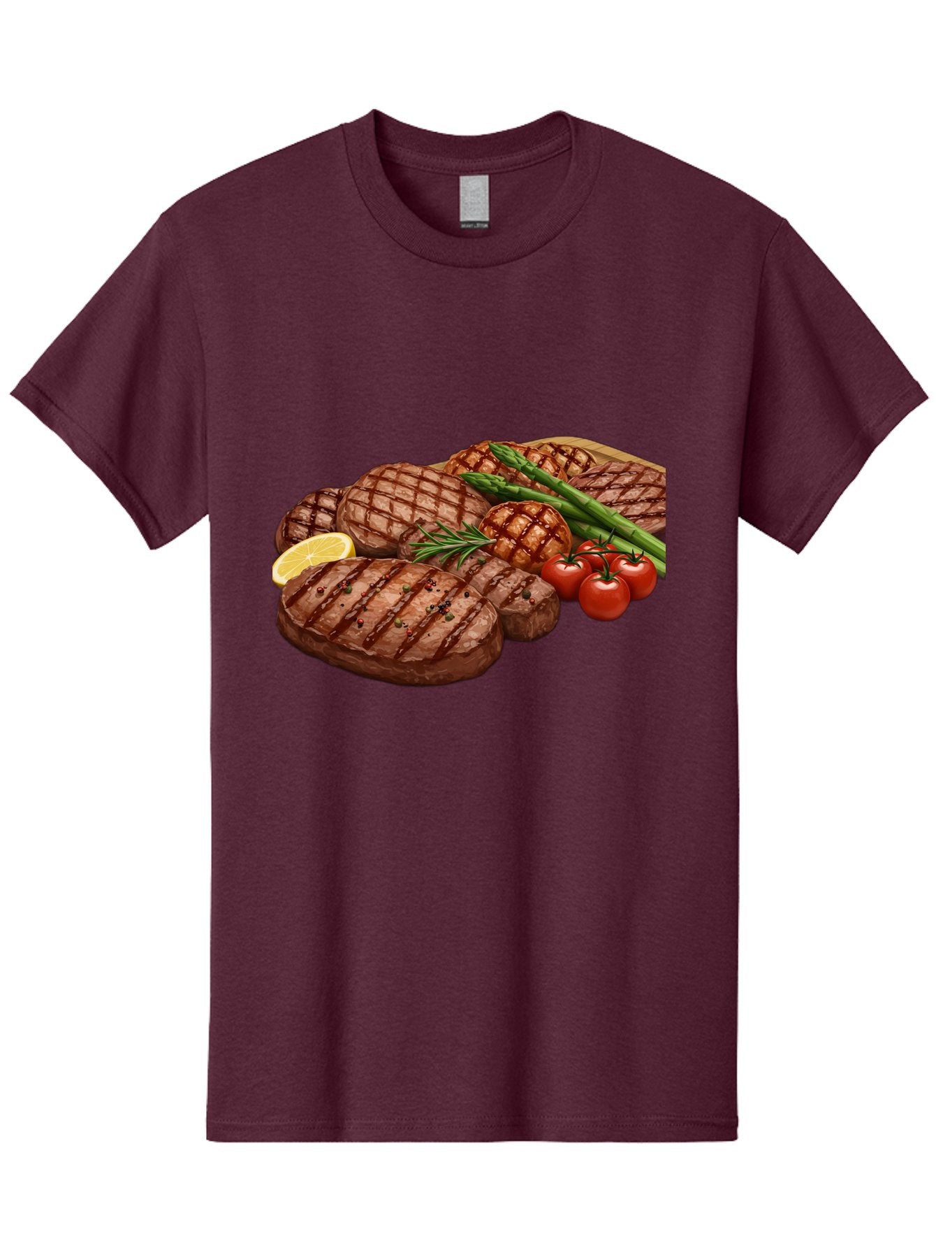 Grilled-Steak-Dinner Men'S Graphic Tee, 100% Cotton, Comfortable Casual Summer Wear, Machine Washable, Grilled Steaks, Steak Dinner, Barbecue, Grilled Vegetables, Asparagus, Tomatoes, Rosemary, Lemon, Savory Flavors, Gourmet Cuisine, Bac016 9