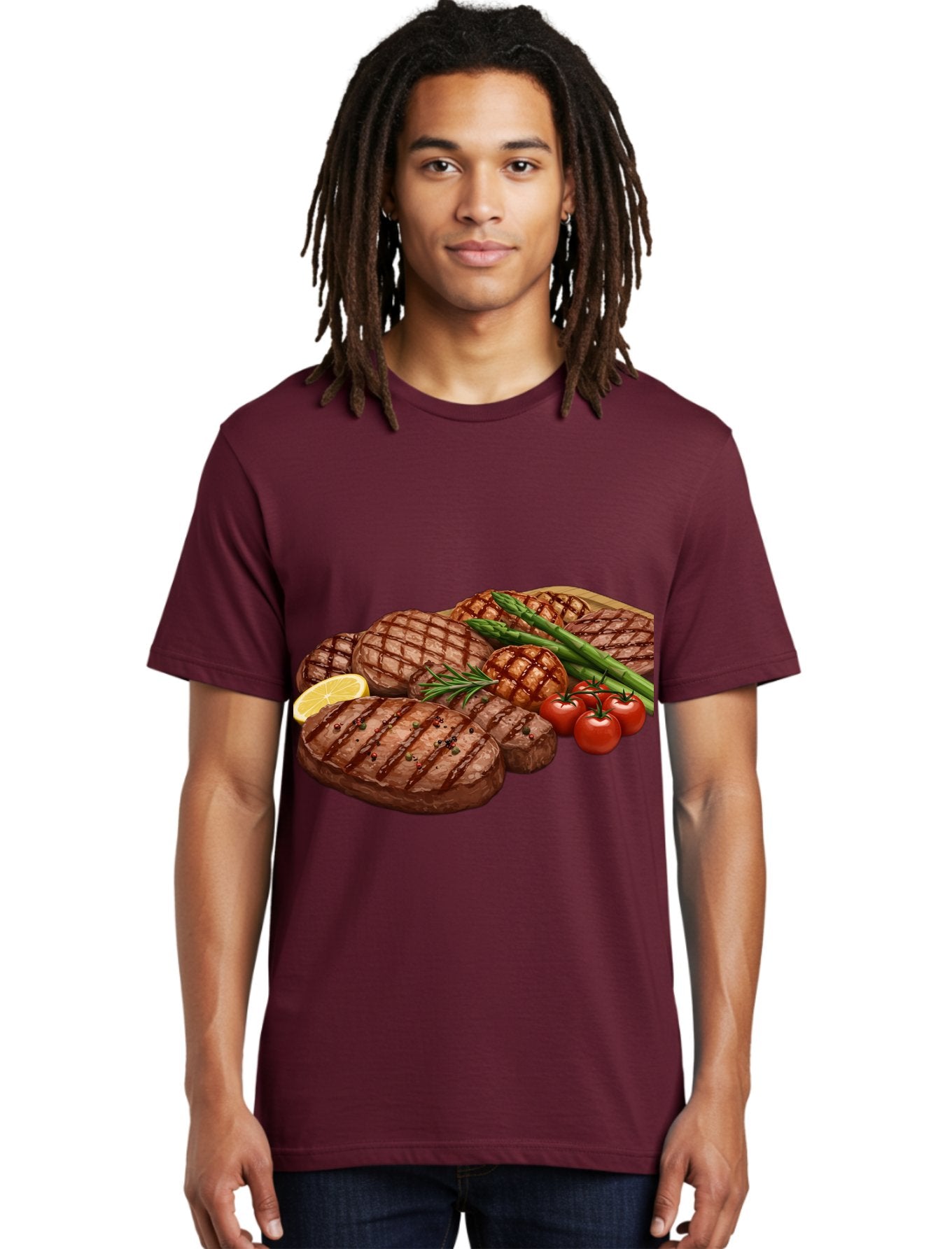 Grilled-Steak-Dinner Men'S Graphic Tee, 100% Cotton, Comfortable Casual Summer Wear, Machine Washable, Grilled Steaks, Steak Dinner, Barbecue, Grilled Vegetables, Asparagus, Tomatoes, Rosemary, Lemon, Savory Flavors, Gourmet Cuisine, Bac016 26