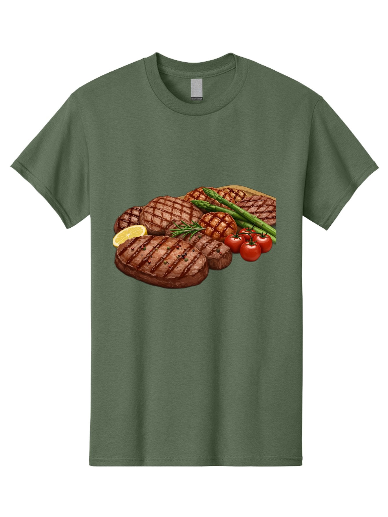 Grilled-Steak-Dinner Men'S Graphic Tee, 100% Cotton, Comfortable Casual Summer Wear, Machine Washable, Grilled Steaks, Steak Dinner, Barbecue, Grilled Vegetables, Asparagus, Tomatoes, Rosemary, Lemon, Savory Flavors, Gourmet Cuisine, Bac016 14
