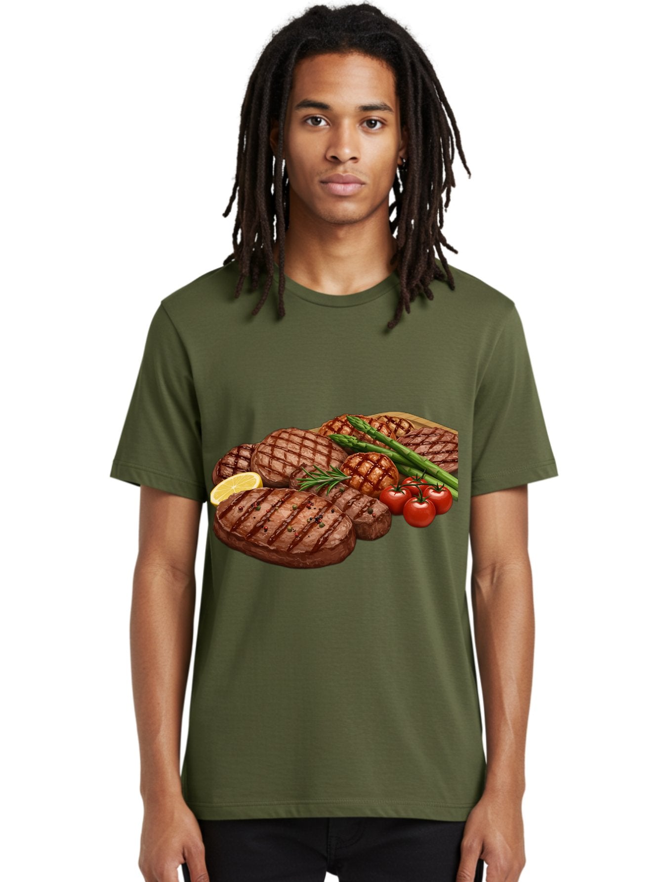 Grilled-Steak-Dinner Men'S Graphic Tee, 100% Cotton, Comfortable Casual Summer Wear, Machine Washable, Grilled Steaks, Steak Dinner, Barbecue, Grilled Vegetables, Asparagus, Tomatoes, Rosemary, Lemon, Savory Flavors, Gourmet Cuisine, Bac016 29
