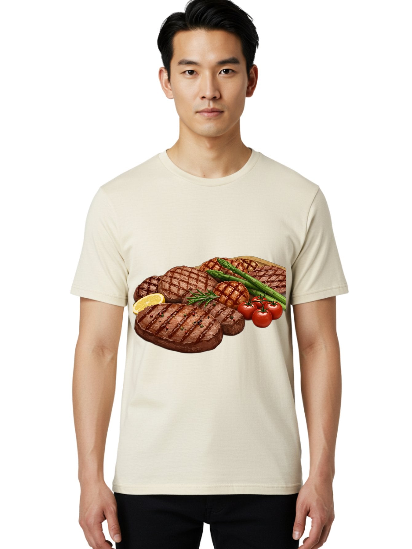 Grilled-Steak-Dinner Men'S Graphic Tee, 100% Cotton, Comfortable Casual Summer Wear, Machine Washable, Grilled Steaks, Steak Dinner, Barbecue, Grilled Vegetables, Asparagus, Tomatoes, Rosemary, Lemon, Savory Flavors, Gourmet Cuisine, Bac016 22