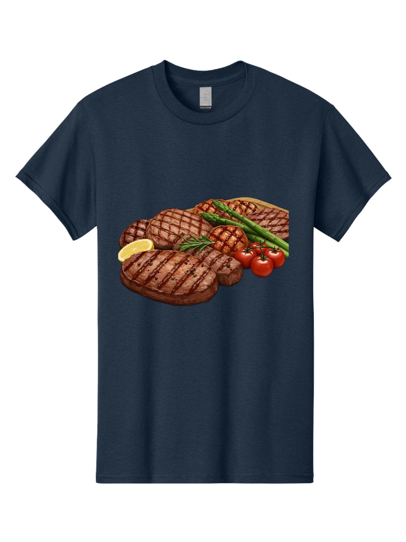 Grilled-Steak-Dinner Men'S Graphic Tee, 100% Cotton, Comfortable Casual Summer Wear, Machine Washable, Grilled Steaks, Steak Dinner, Barbecue, Grilled Vegetables, Asparagus, Tomatoes, Rosemary, Lemon, Savory Flavors, Gourmet Cuisine, Bac016 6
