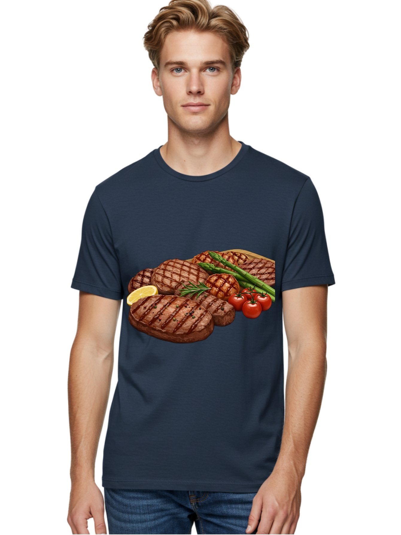 Grilled-Steak-Dinner Men'S Graphic Tee, 100% Cotton, Comfortable Casual Summer Wear, Machine Washable, Grilled Steaks, Steak Dinner, Barbecue, Grilled Vegetables, Asparagus, Tomatoes, Rosemary, Lemon, Savory Flavors, Gourmet Cuisine, Bac016 24