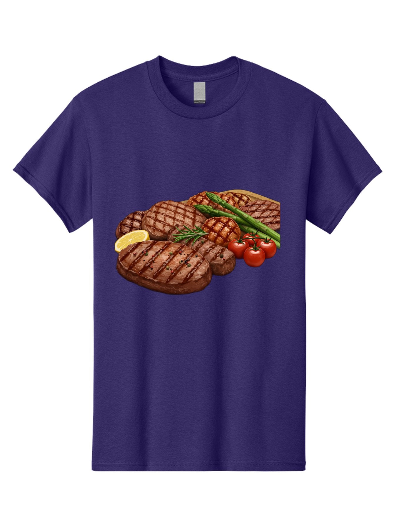 Grilled-Steak-Dinner Men'S Graphic Tee, 100% Cotton, Comfortable Casual Summer Wear, Machine Washable, Grilled Steaks, Steak Dinner, Barbecue, Grilled Vegetables, Asparagus, Tomatoes, Rosemary, Lemon, Savory Flavors, Gourmet Cuisine, Bac016 8