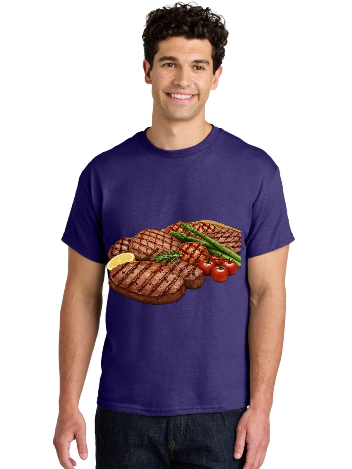 Grilled-Steak-Dinner Men'S Graphic Tee, 100% Cotton, Comfortable Casual Summer Wear, Machine Washable, Grilled Steaks, Steak Dinner, Barbecue, Grilled Vegetables, Asparagus, Tomatoes, Rosemary, Lemon, Savory Flavors, Gourmet Cuisine, Bac016 25