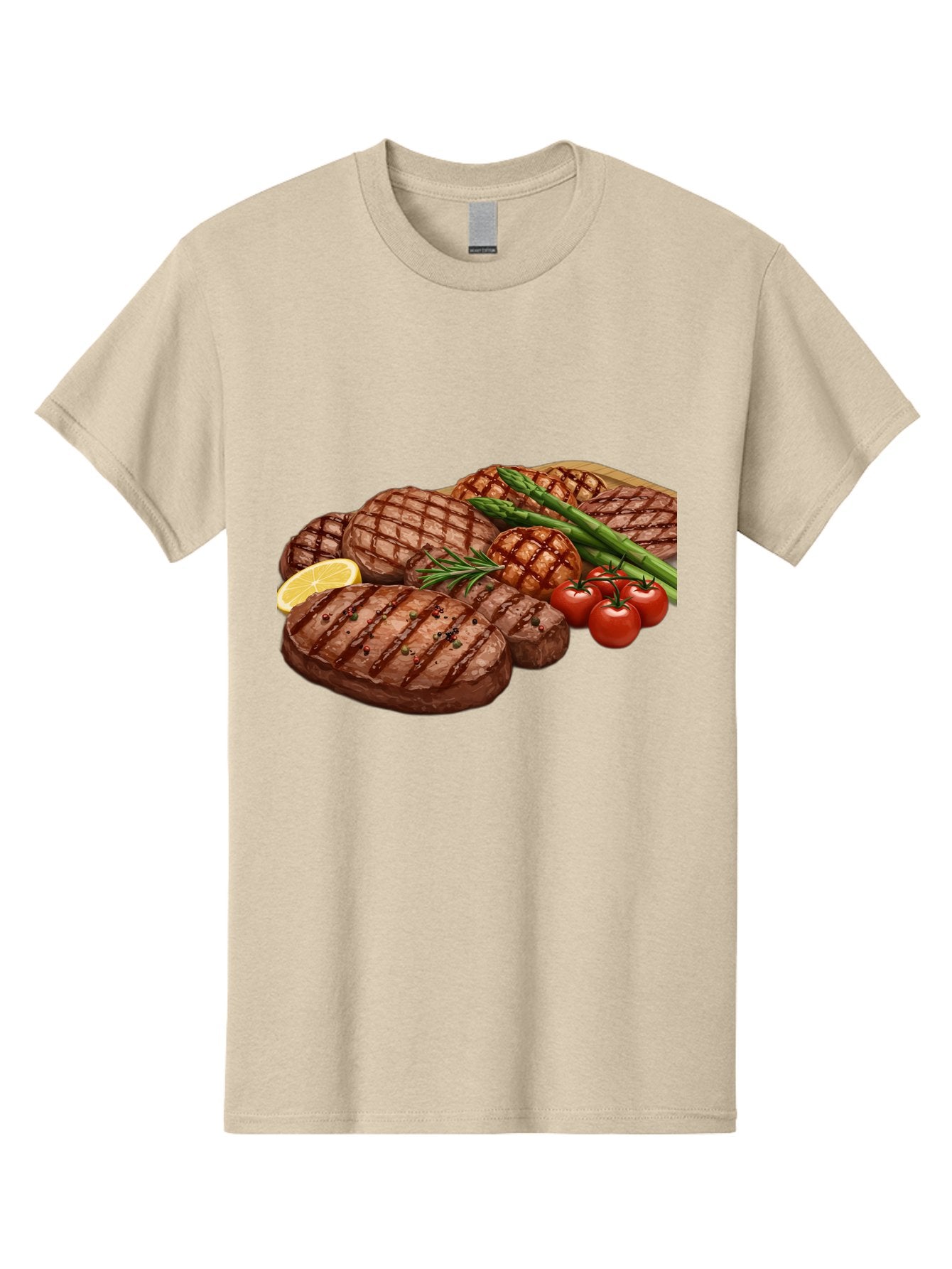 Grilled-Steak-Dinner Men'S Graphic Tee, 100% Cotton, Comfortable Casual Summer Wear, Machine Washable, Grilled Steaks, Steak Dinner, Barbecue, Grilled Vegetables, Asparagus, Tomatoes, Rosemary, Lemon, Savory Flavors, Gourmet Cuisine, Bac016 15