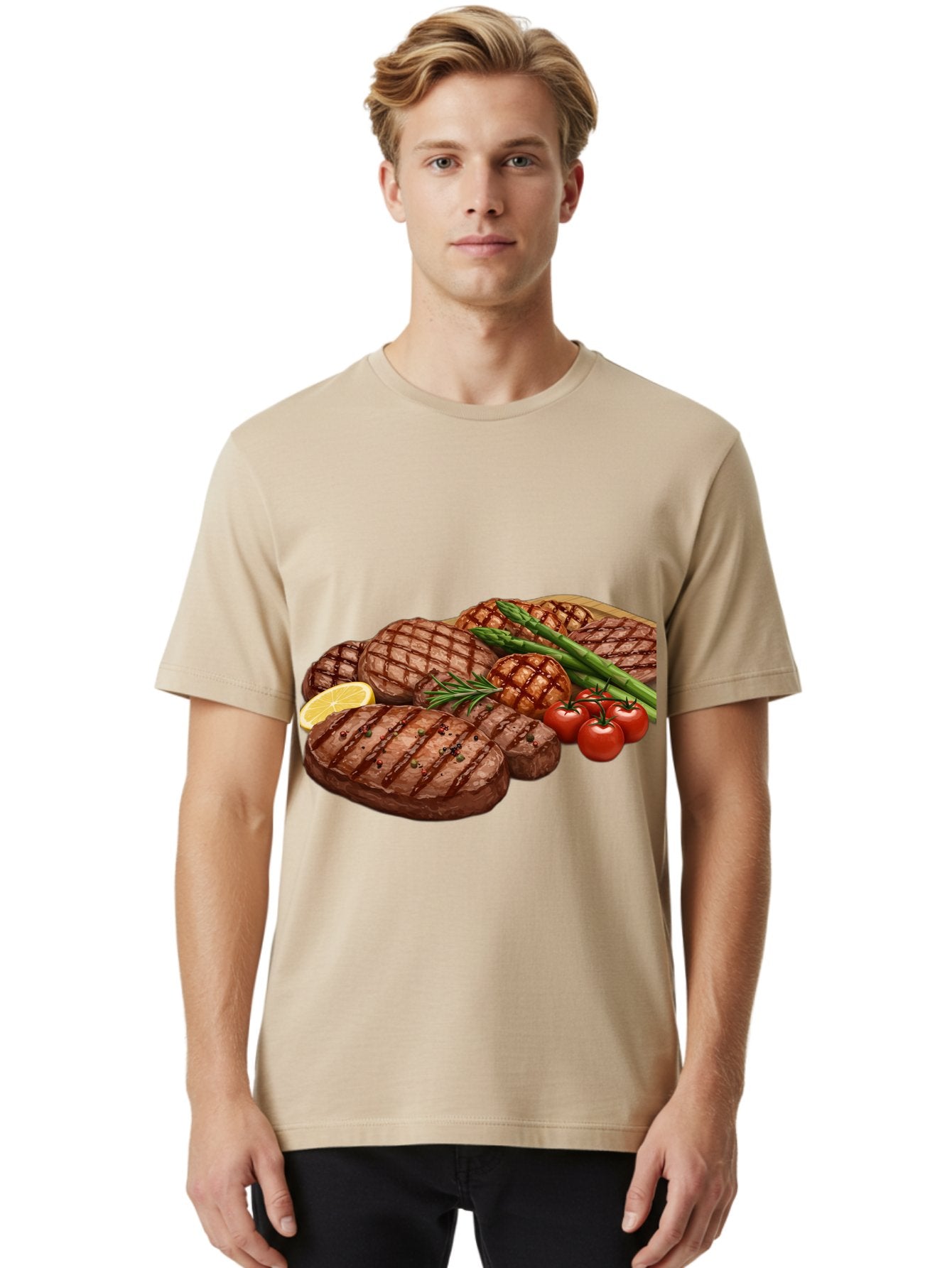 Grilled-Steak-Dinner Men'S Graphic Tee, 100% Cotton, Comfortable Casual Summer Wear, Machine Washable, Grilled Steaks, Steak Dinner, Barbecue, Grilled Vegetables, Asparagus, Tomatoes, Rosemary, Lemon, Savory Flavors, Gourmet Cuisine, Bac016 30