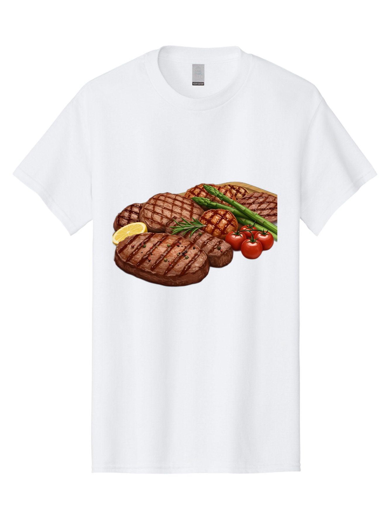 Grilled-Steak-Dinner Men'S Graphic Tee, 100% Cotton, Comfortable Casual Summer Wear, Machine Washable, Grilled Steaks, Steak Dinner, Barbecue, Grilled Vegetables, Asparagus, Tomatoes, Rosemary, Lemon, Savory Flavors, Gourmet Cuisine, Bac016 12