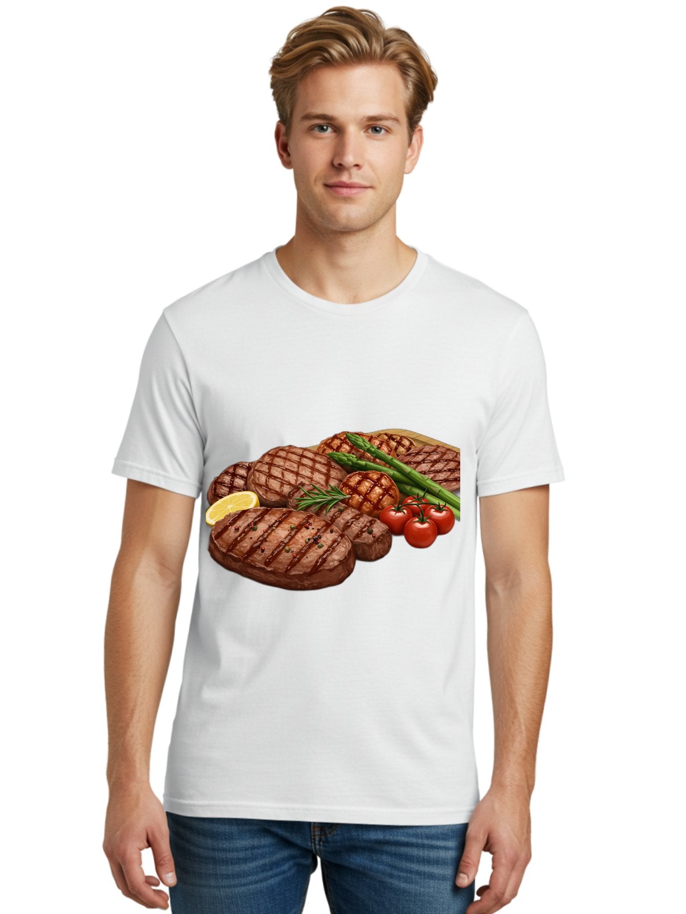 Grilled-Steak-Dinner Men'S Graphic Tee, 100% Cotton, Comfortable Casual Summer Wear, Machine Washable, Grilled Steaks, Steak Dinner, Barbecue, Grilled Vegetables, Asparagus, Tomatoes, Rosemary, Lemon, Savory Flavors, Gourmet Cuisine, Bac016 28