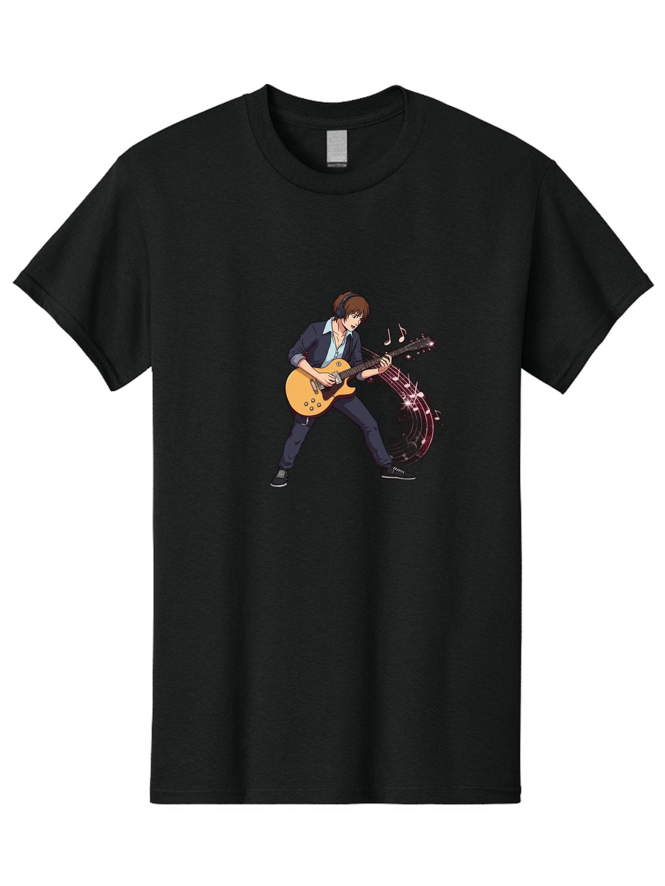 Guitarist Men'S Graphic Tee, 100% Cotton, Comfortable Casual Summer Wear, Machine Washable, Electric Guitar Player, Rock Music, Guitar Solo, Music Notes, Musical Instrument, Brown Hair, Dark Clothing, Cartoon Style, Dynamic Pose, Bac018 8