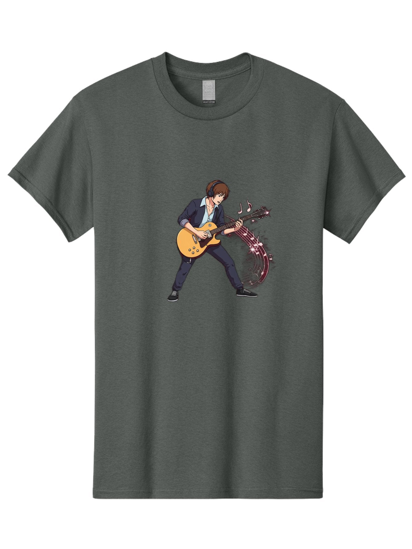 Guitarist Men'S Graphic Tee, 100% Cotton, Comfortable Casual Summer Wear, Machine Washable, Electric Guitar Player, Rock Music, Guitar Solo, Music Notes, Musical Instrument, Brown Hair, Dark Clothing, Cartoon Style, Dynamic Pose, Bac018 4