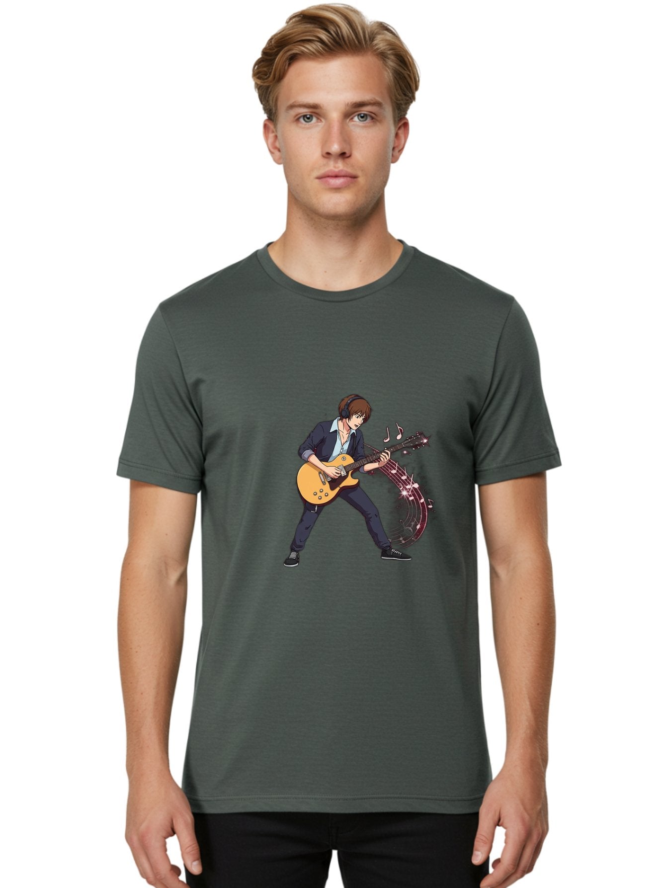 Guitarist Men'S Graphic Tee, 100% Cotton, Comfortable Casual Summer Wear, Machine Washable, Electric Guitar Player, Rock Music, Guitar Solo, Music Notes, Musical Instrument, Brown Hair, Dark Clothing, Cartoon Style, Dynamic Pose, Bac018 18