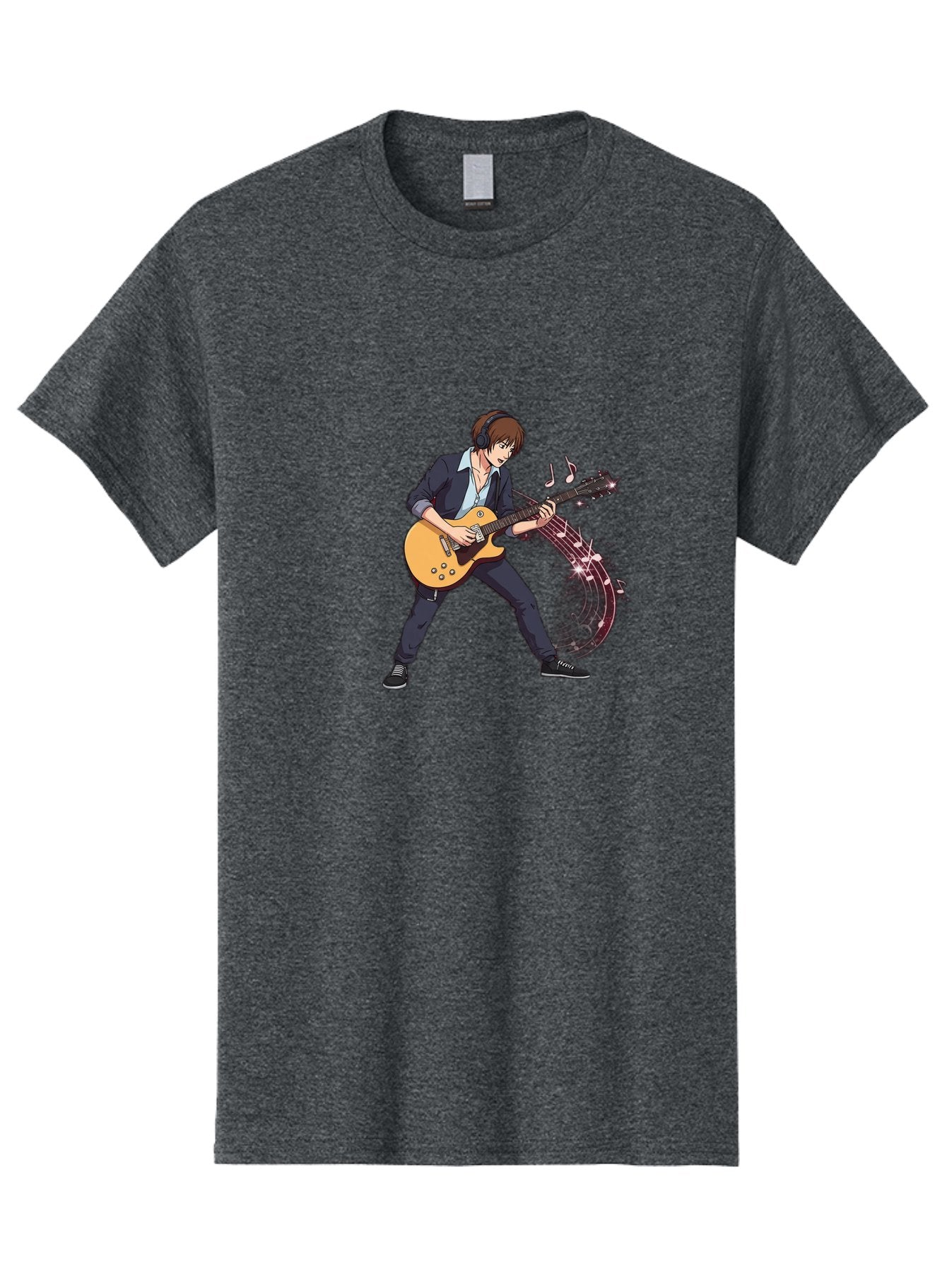 Guitarist Men'S Graphic Tee, 100% Cotton, Comfortable Casual Summer Wear, Machine Washable, Electric Guitar Player, Rock Music, Guitar Solo, Music Notes, Musical Instrument, Brown Hair, Dark Clothing, Cartoon Style, Dynamic Pose, Bac018 14
