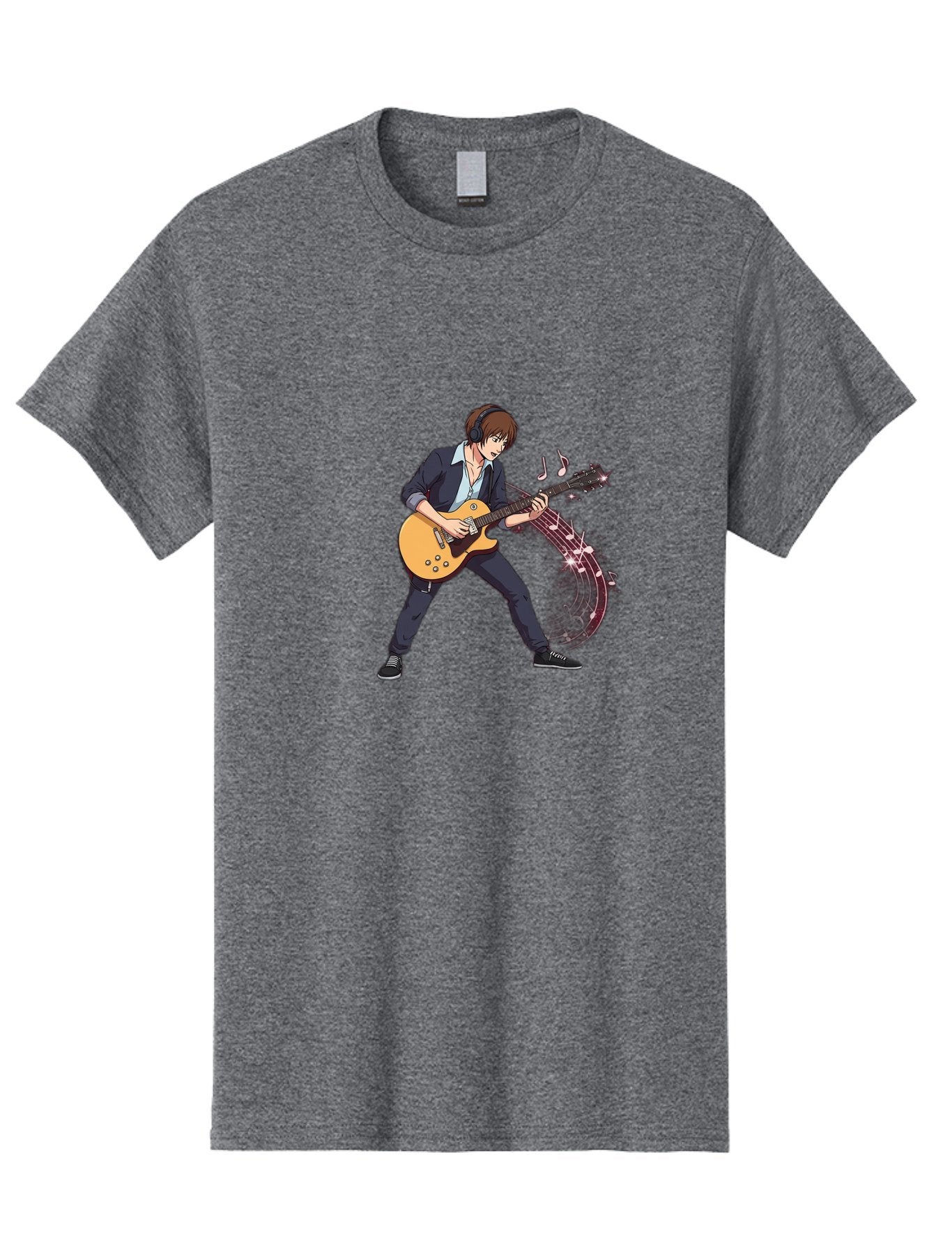Guitarist Men'S Graphic Tee, 100% Cotton, Comfortable Casual Summer Wear, Machine Washable, Electric Guitar Player, Rock Music, Guitar Solo, Music Notes, Musical Instrument, Brown Hair, Dark Clothing, Cartoon Style, Dynamic Pose, Bac018