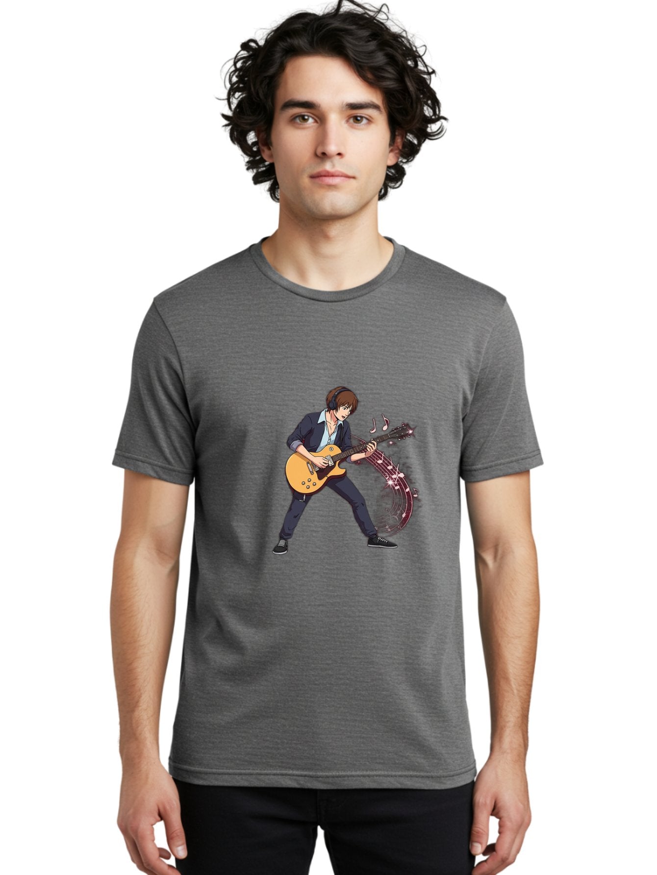 Guitarist Men'S Graphic Tee, 100% Cotton, Comfortable Casual Summer Wear, Machine Washable, Electric Guitar Player, Rock Music, Guitar Solo, Music Notes, Musical Instrument, Brown Hair, Dark Clothing, Cartoon Style, Dynamic Pose, Bac018 19
