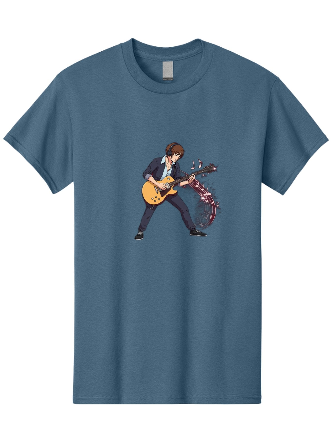 Guitarist Men'S Graphic Tee, 100% Cotton, Comfortable Casual Summer Wear, Machine Washable, Electric Guitar Player, Rock Music, Guitar Solo, Music Notes, Musical Instrument, Brown Hair, Dark Clothing, Cartoon Style, Dynamic Pose, Bac018 12