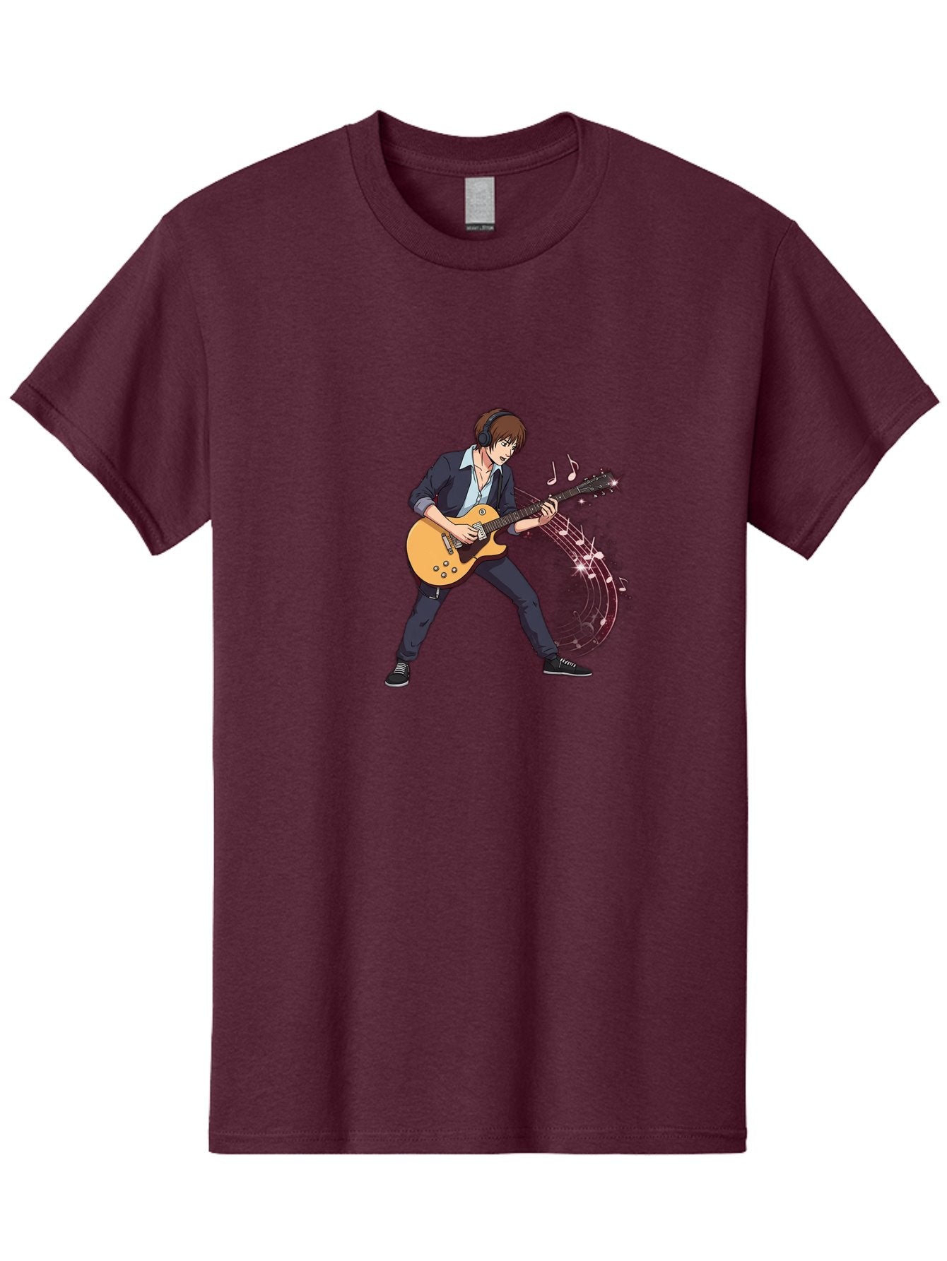 Guitarist Men'S Graphic Tee, 100% Cotton, Comfortable Casual Summer Wear, Machine Washable, Electric Guitar Player, Rock Music, Guitar Solo, Music Notes, Musical Instrument, Brown Hair, Dark Clothing, Cartoon Style, Dynamic Pose, Bac018 10