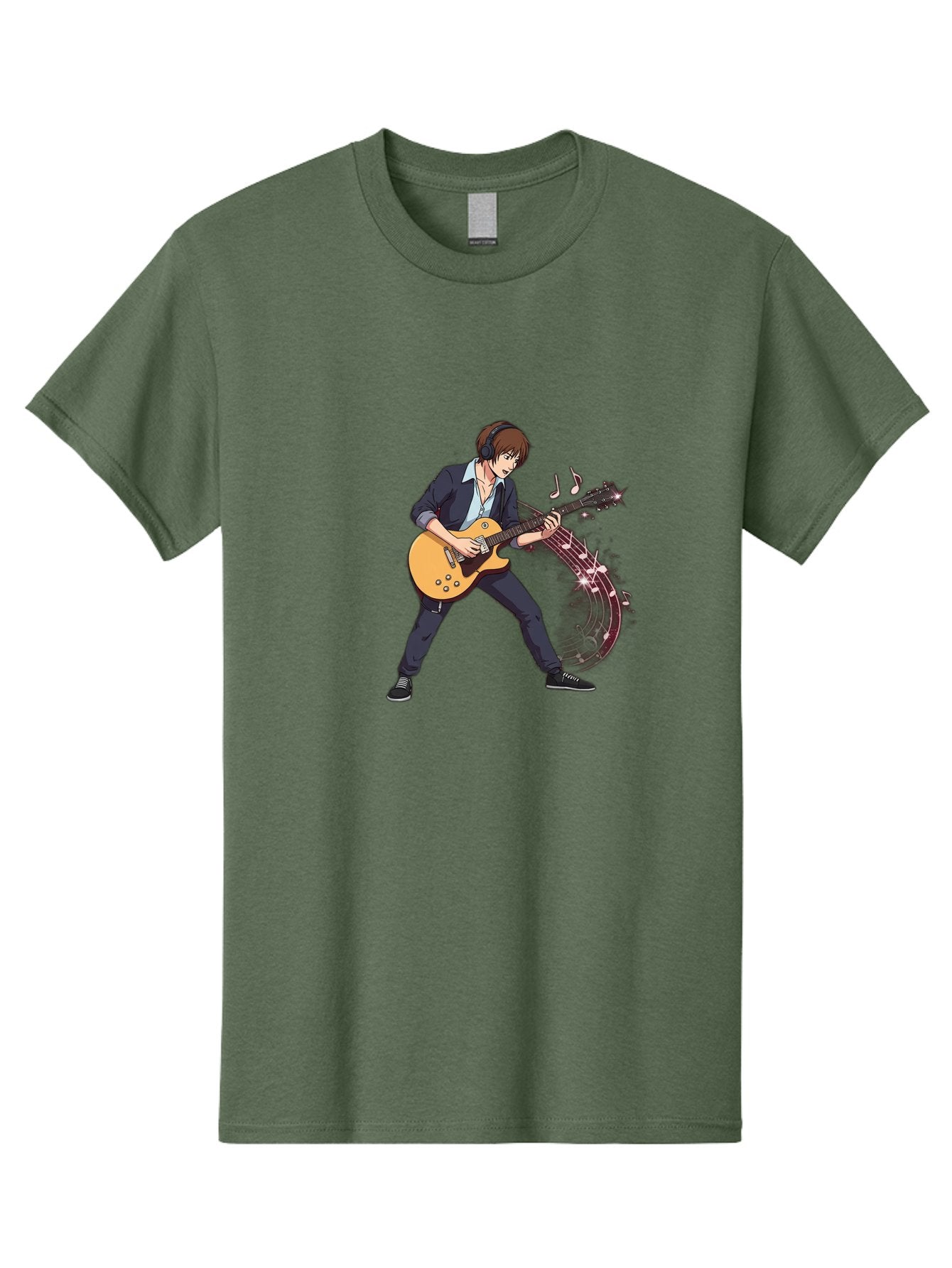 Guitarist Men'S Graphic Tee, 100% Cotton, Comfortable Casual Summer Wear, Machine Washable, Electric Guitar Player, Rock Music, Guitar Solo, Music Notes, Musical Instrument, Brown Hair, Dark Clothing, Cartoon Style, Dynamic Pose, Bac018