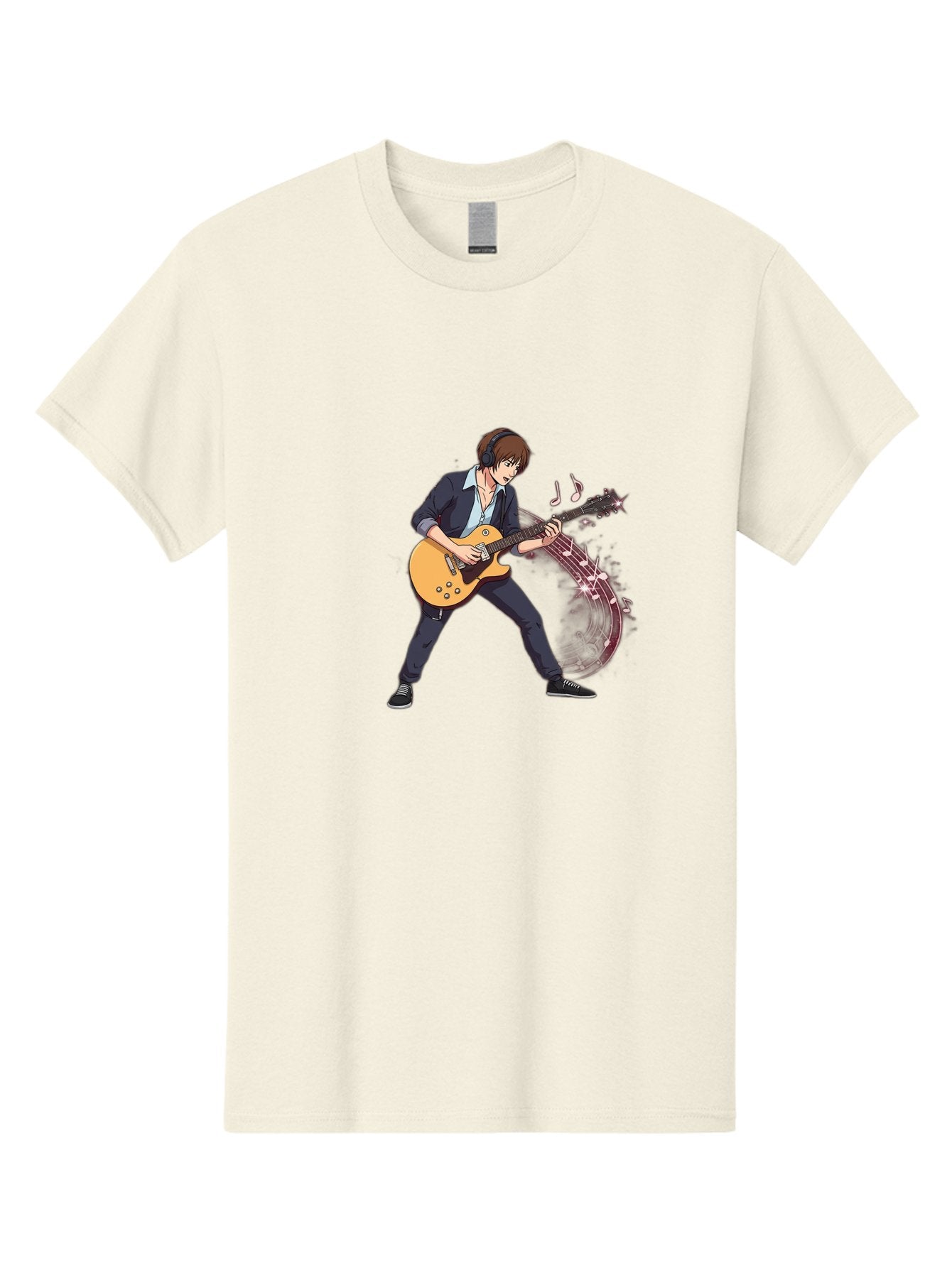 Guitarist Men'S Graphic Tee, 100% Cotton, Comfortable Casual Summer Wear, Machine Washable, Electric Guitar Player, Rock Music, Guitar Solo, Music Notes, Musical Instrument, Brown Hair, Dark Clothing, Cartoon Style, Dynamic Pose, Bac018 9