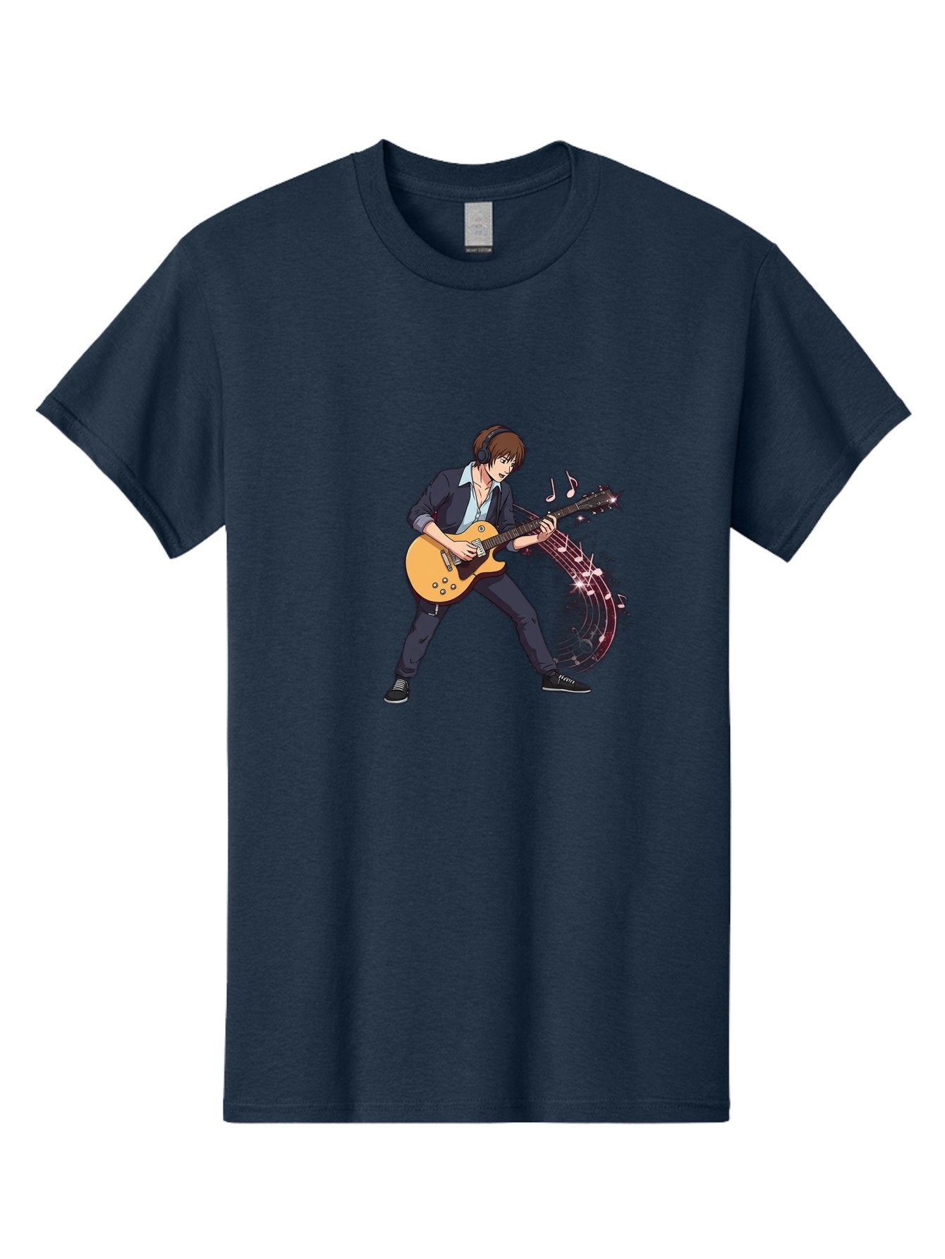 Guitarist Men'S Graphic Tee, 100% Cotton, Comfortable Casual Summer Wear, Machine Washable, Electric Guitar Player, Rock Music, Guitar Solo, Music Notes, Musical Instrument, Brown Hair, Dark Clothing, Cartoon Style, Dynamic Pose, Bac018 5