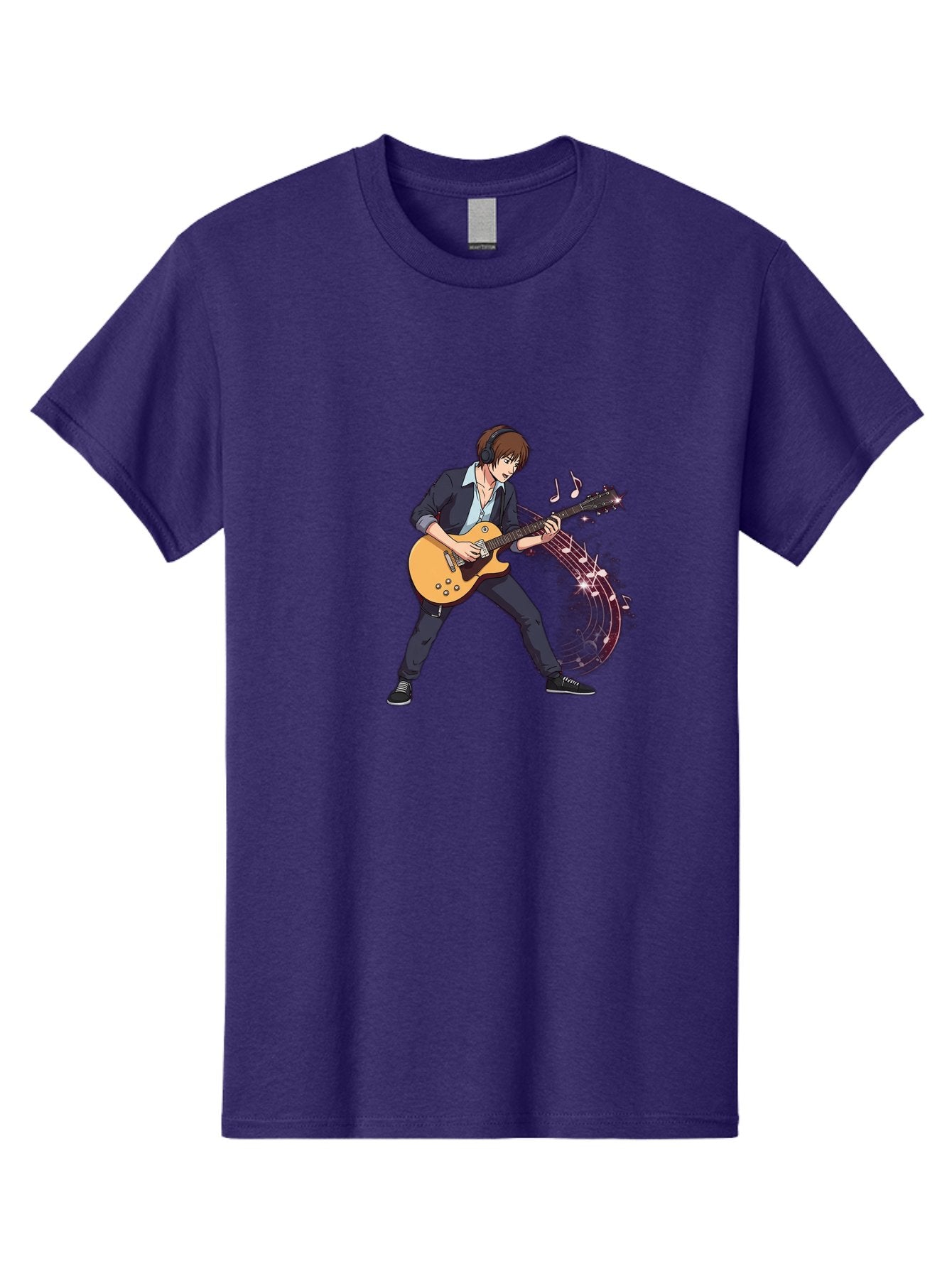 Guitarist Men'S Graphic Tee, 100% Cotton, Comfortable Casual Summer Wear, Machine Washable, Electric Guitar Player, Rock Music, Guitar Solo, Music Notes, Musical Instrument, Brown Hair, Dark Clothing, Cartoon Style, Dynamic Pose, Bac018 13
