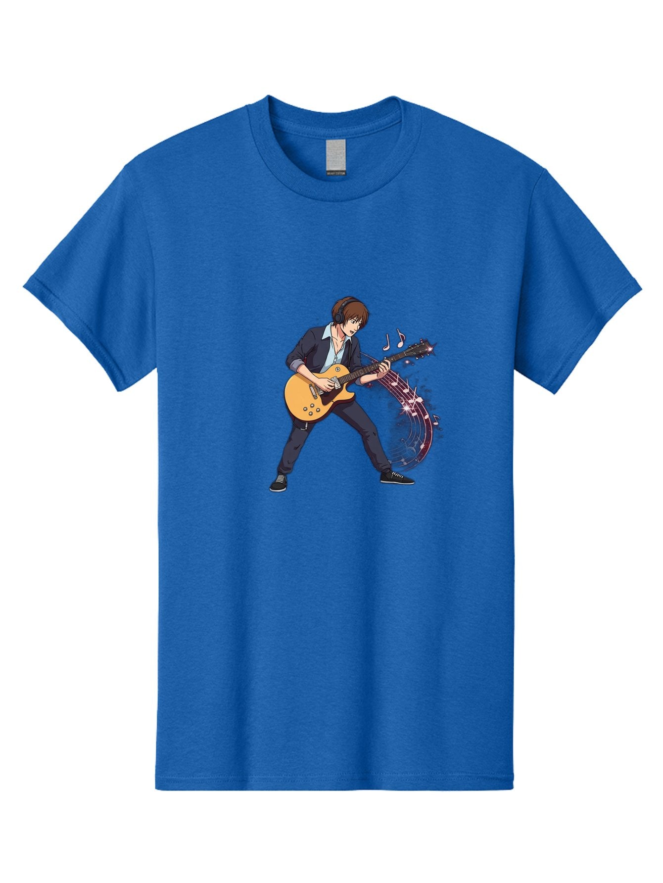 Guitarist Men'S Graphic Tee, 100% Cotton, Comfortable Casual Summer Wear, Machine Washable, Electric Guitar Player, Rock Music, Guitar Solo, Music Notes, Musical Instrument, Brown Hair, Dark Clothing, Cartoon Style, Dynamic Pose, Bac018 6