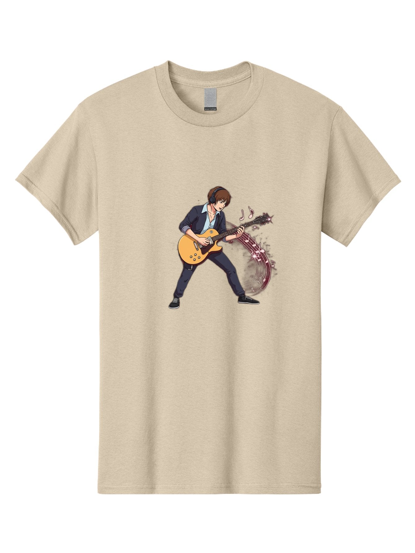 Guitarist Men'S Graphic Tee, 100% Cotton, Comfortable Casual Summer Wear, Machine Washable, Electric Guitar Player, Rock Music, Guitar Solo, Music Notes, Musical Instrument, Brown Hair, Dark Clothing, Cartoon Style, Dynamic Pose, Bac018 3