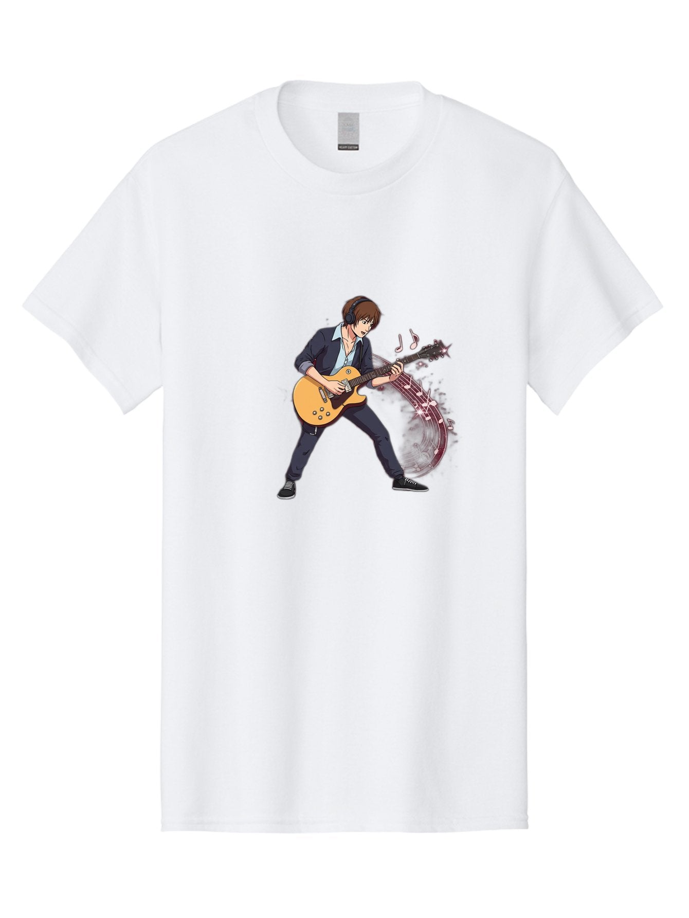 Guitarist Men'S Graphic Tee, 100% Cotton, Comfortable Casual Summer Wear, Machine Washable, Electric Guitar Player, Rock Music, Guitar Solo, Music Notes, Musical Instrument, Brown Hair, Dark Clothing, Cartoon Style, Dynamic Pose, Bac018 11