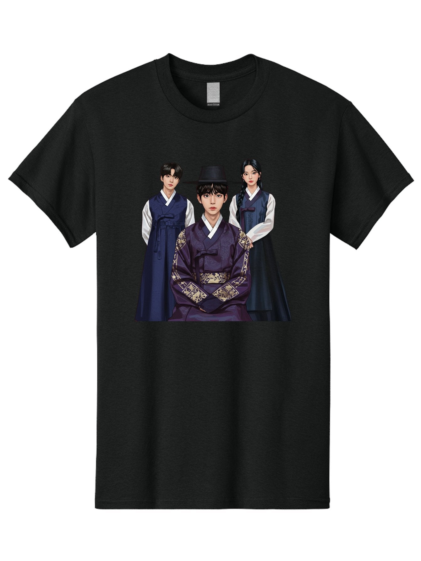 Hanbok-Trio Men'S Graphic Tee, 100% Cotton, Comfortable Casual Summer Wear, Machine Washable, Traditional Korean Clothing, Hanbok Fashion, Cultural Heritage, Korean Attire, Elegant Robes, Historical Dress, Ornate Patterns, Gold Accents, Bac019 10