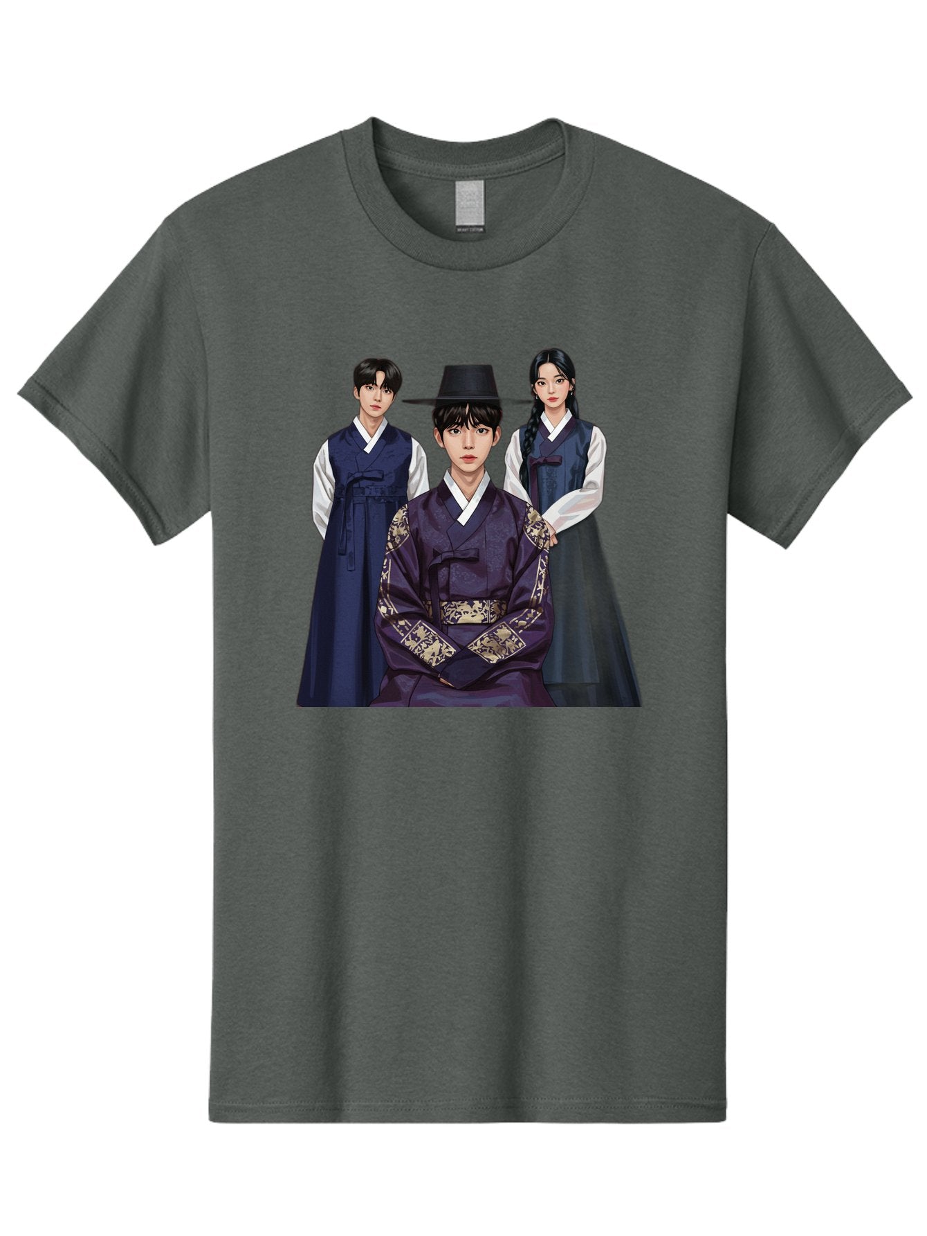 Hanbok-Trio Men'S Graphic Tee, 100% Cotton, Comfortable Casual Summer Wear, Machine Washable, Traditional Korean Clothing, Hanbok Fashion, Cultural Heritage, Korean Attire, Elegant Robes, Historical Dress, Ornate Patterns, Gold Accents, Bac019 14