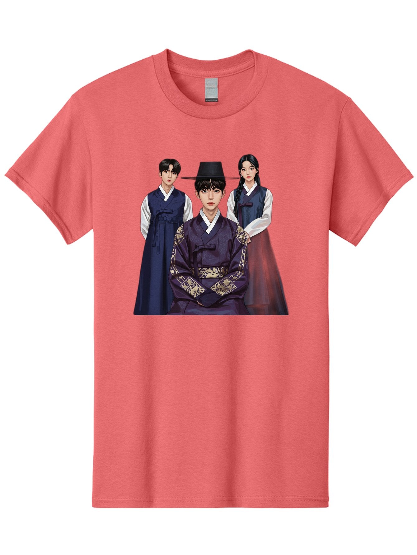 Hanbok-Trio Men'S Graphic Tee, 100% Cotton, Comfortable Casual Summer Wear, Machine Washable, Traditional Korean Clothing, Hanbok Fashion, Cultural Heritage, Korean Attire, Elegant Robes, Historical Dress, Ornate Patterns, Gold Accents, Bac019 9