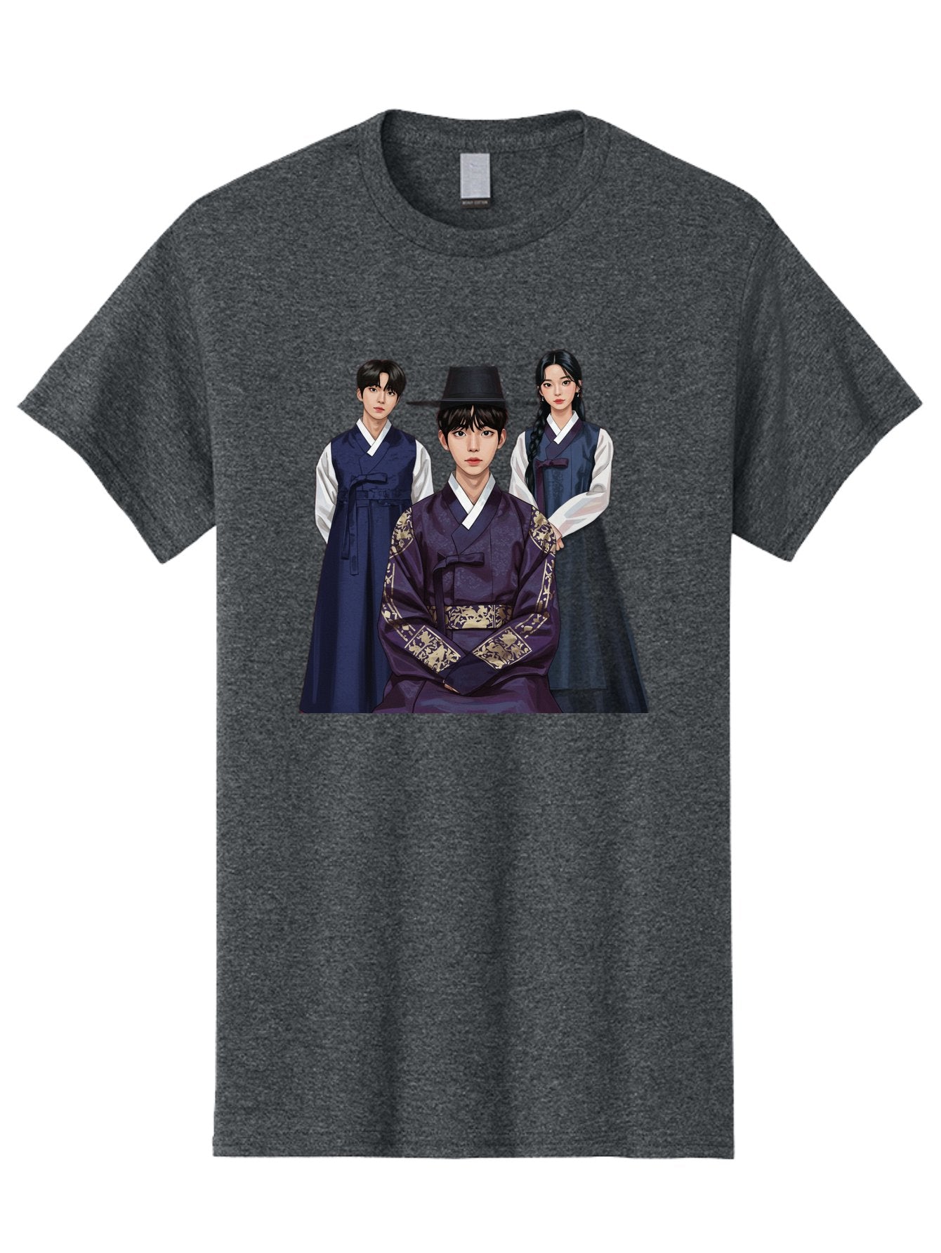 Hanbok-Trio Men'S Graphic Tee, 100% Cotton, Comfortable Casual Summer Wear, Machine Washable, Traditional Korean Clothing, Hanbok Fashion, Cultural Heritage, Korean Attire, Elegant Robes, Historical Dress, Ornate Patterns, Gold Accents, Bac019 7
