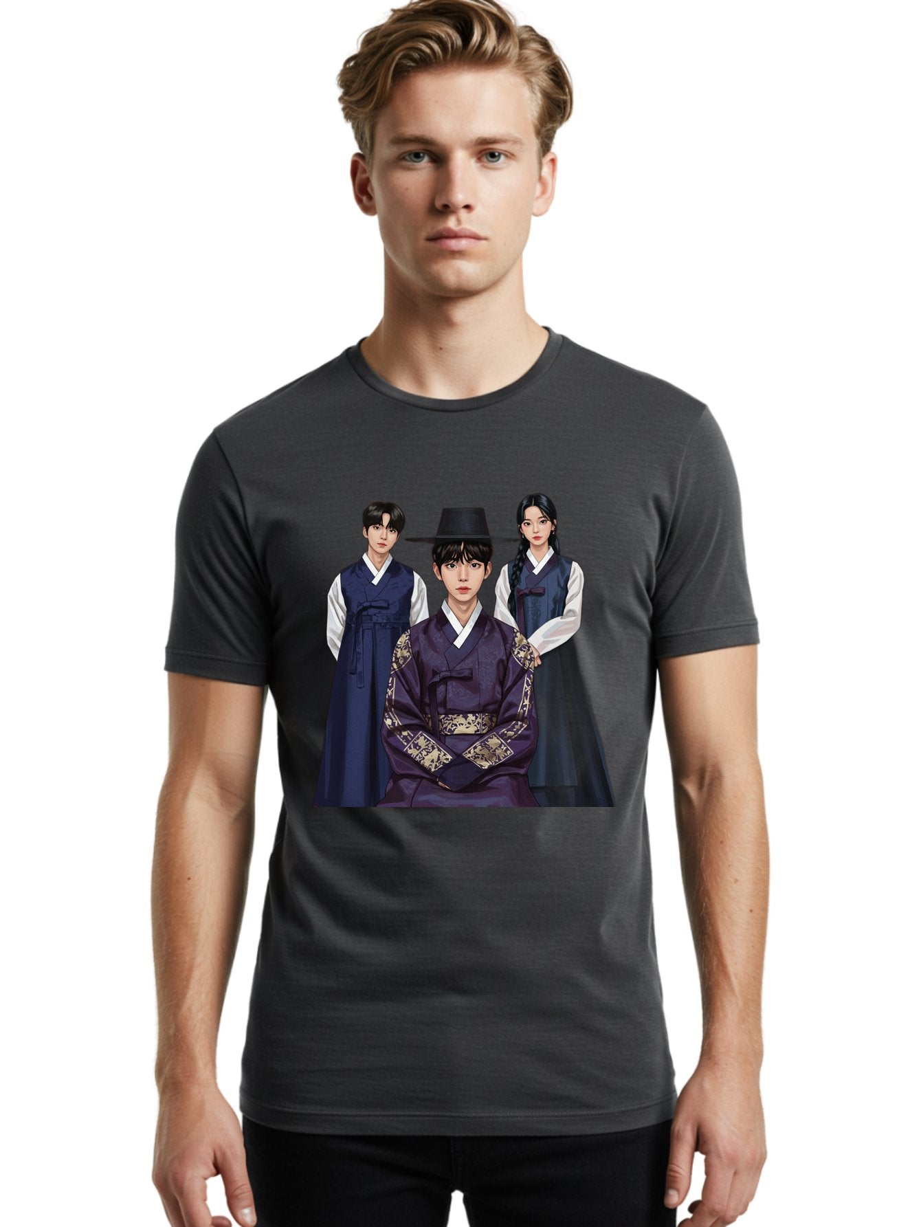 Hanbok-Trio Men'S Graphic Tee, 100% Cotton, Comfortable Casual Summer Wear, Machine Washable, Traditional Korean Clothing, Hanbok Fashion, Cultural Heritage, Korean Attire, Elegant Robes, Historical Dress, Ornate Patterns, Gold Accents, Bac019 16