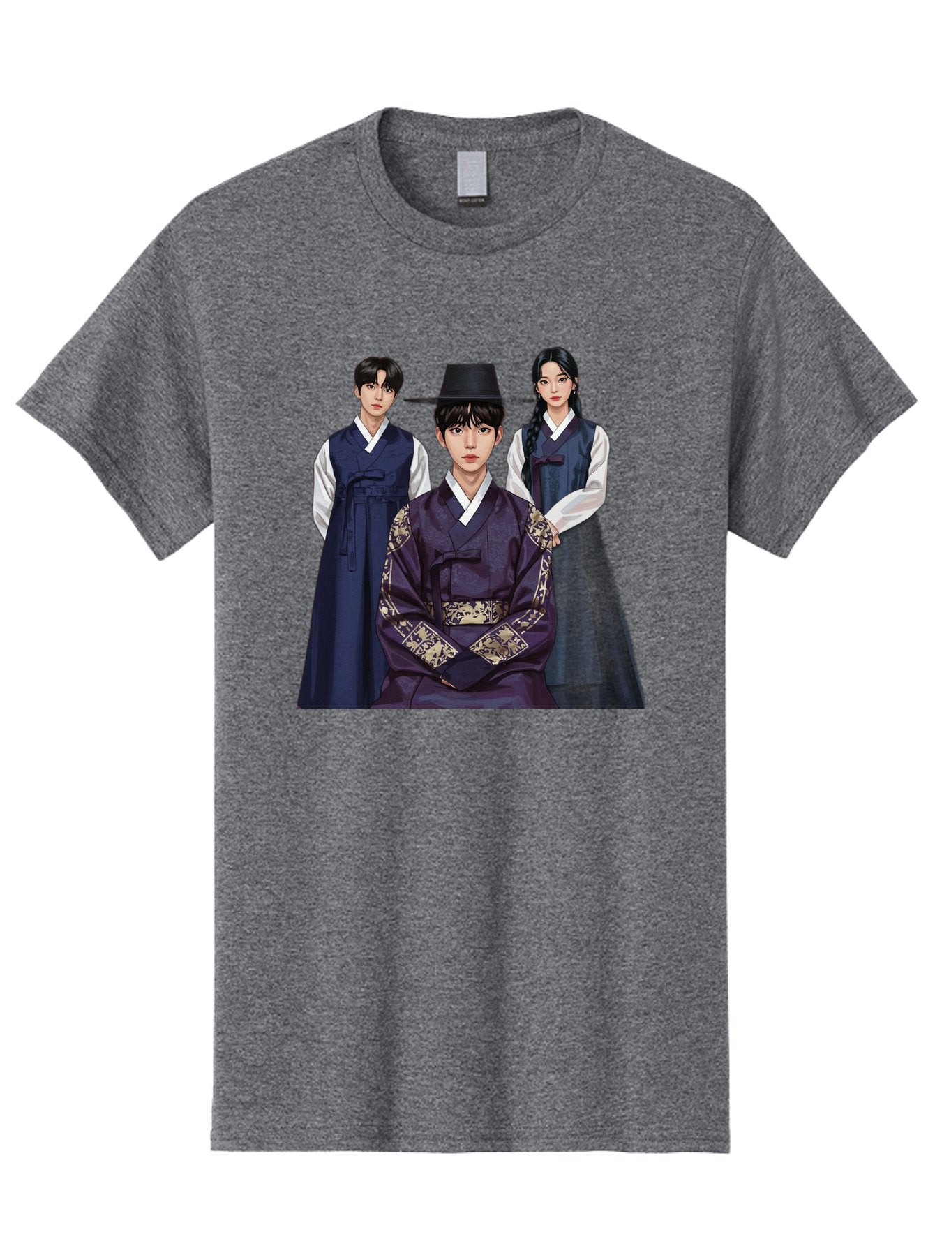 Hanbok-Trio Men'S Graphic Tee, 100% Cotton, Comfortable Casual Summer Wear, Machine Washable, Traditional Korean Clothing, Hanbok Fashion, Cultural Heritage, Korean Attire, Elegant Robes, Historical Dress, Ornate Patterns, Gold Accents, Bac019 13