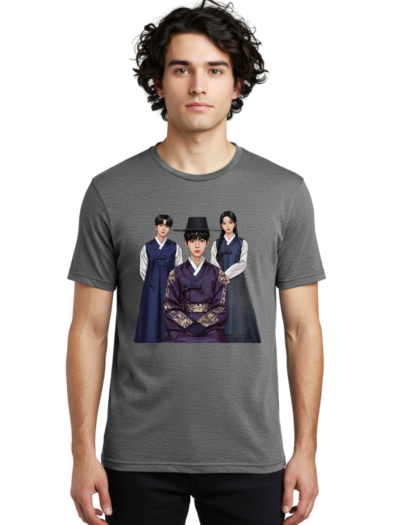 Hanbok-Trio Men'S Graphic Tee, 100% Cotton, Comfortable Casual Summer Wear, Machine Washable, Traditional Korean Clothing, Hanbok Fashion, Cultural Heritage, Korean Attire, Elegant Robes, Historical Dress, Ornate Patterns, Gold Accents, Bac019 20