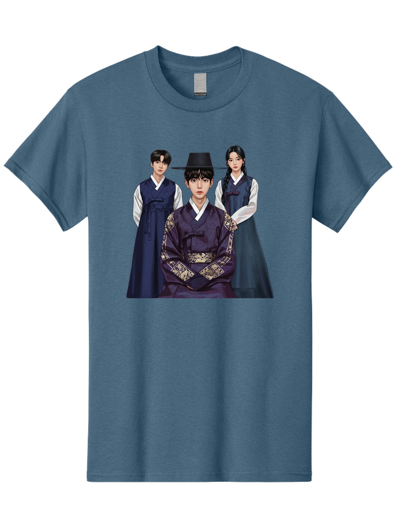 Hanbok-Trio Men'S Graphic Tee, 100% Cotton, Comfortable Casual Summer Wear, Machine Washable, Traditional Korean Clothing, Hanbok Fashion, Cultural Heritage, Korean Attire, Elegant Robes, Historical Dress, Ornate Patterns, Gold Accents, Bac019 5