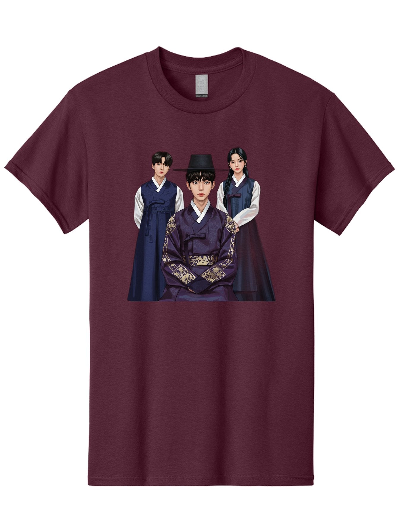 Hanbok-Trio Men'S Graphic Tee, 100% Cotton, Comfortable Casual Summer Wear, Machine Washable, Traditional Korean Clothing, Hanbok Fashion, Cultural Heritage, Korean Attire, Elegant Robes, Historical Dress, Ornate Patterns, Gold Accents, Bac019 11
