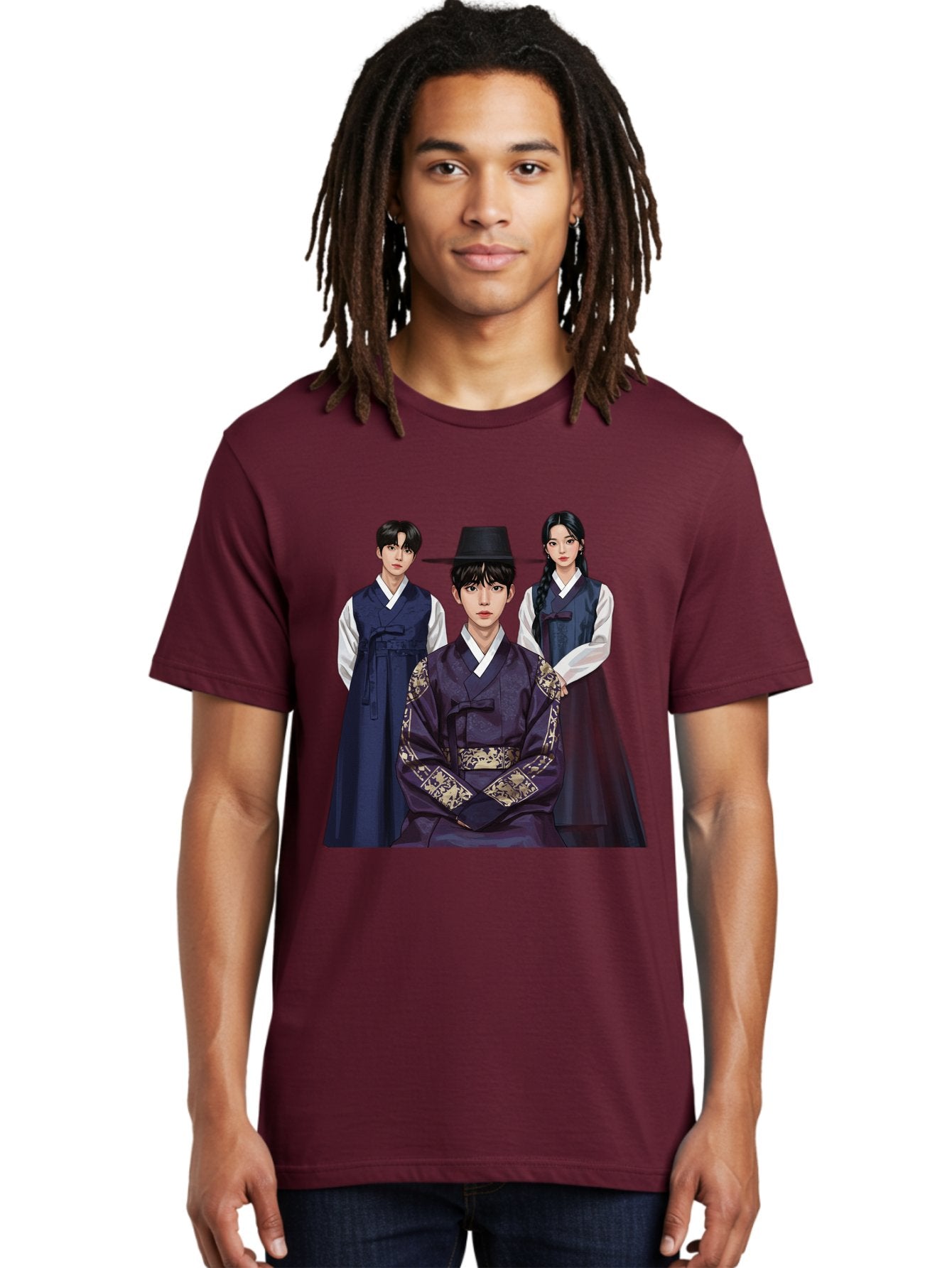 Hanbok-Trio Men'S Graphic Tee, 100% Cotton, Comfortable Casual Summer Wear, Machine Washable, Traditional Korean Clothing, Hanbok Fashion, Cultural Heritage, Korean Attire, Elegant Robes, Historical Dress, Ornate Patterns, Gold Accents, Bac019 27